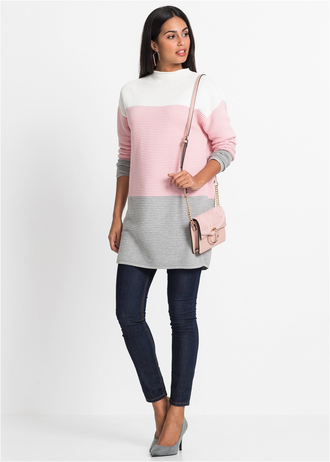 bonprix Pull long »Gestreifter Long-Pullover« aus Baumwolle und Polyacryl, mit Stehkragen, für kühle Tage