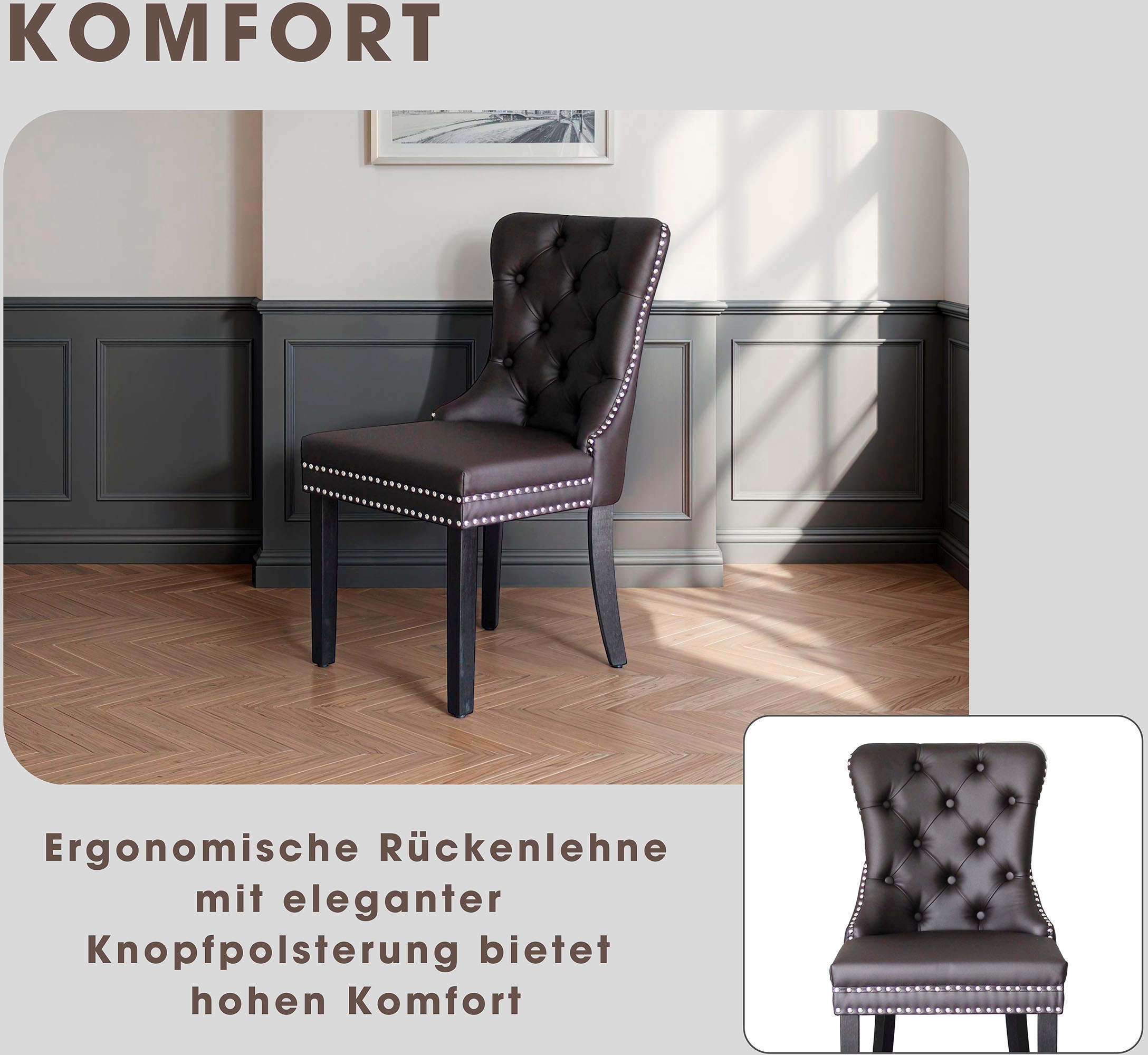 byLIVING Esszimmerstuhl »Domino« (Set) 2 Stk.mit Massivholz Gestell, Chestefield Steppung und Ringgriff im Rücken