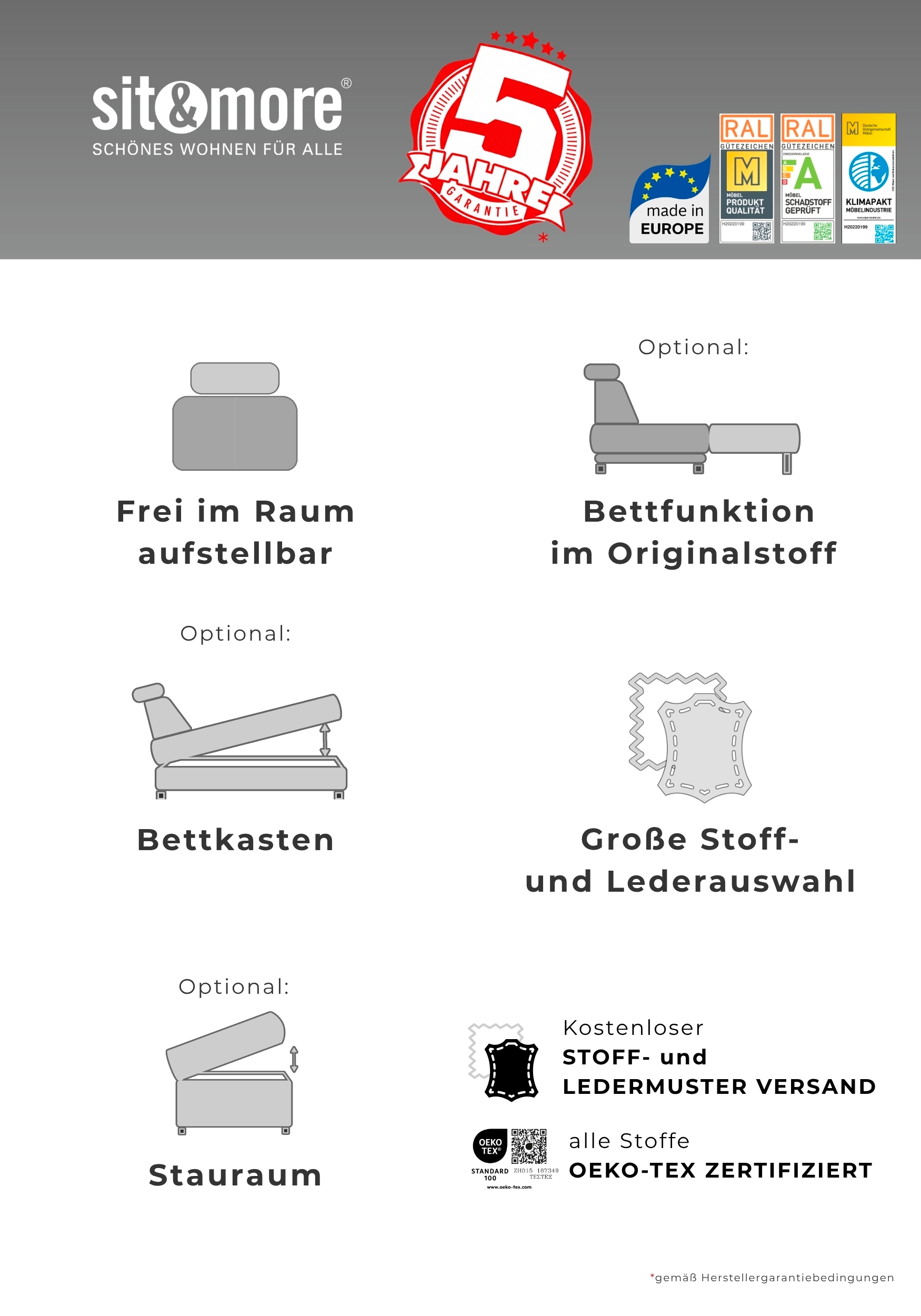 sit&more Ecksofa »Cabrio L-Form, B: 274 cm, mit Sitztiefen-, Arm- & Kopfteilverstellung« 3 Nierenkissen, Federkern, optional Schlaffunktion und Stauraum