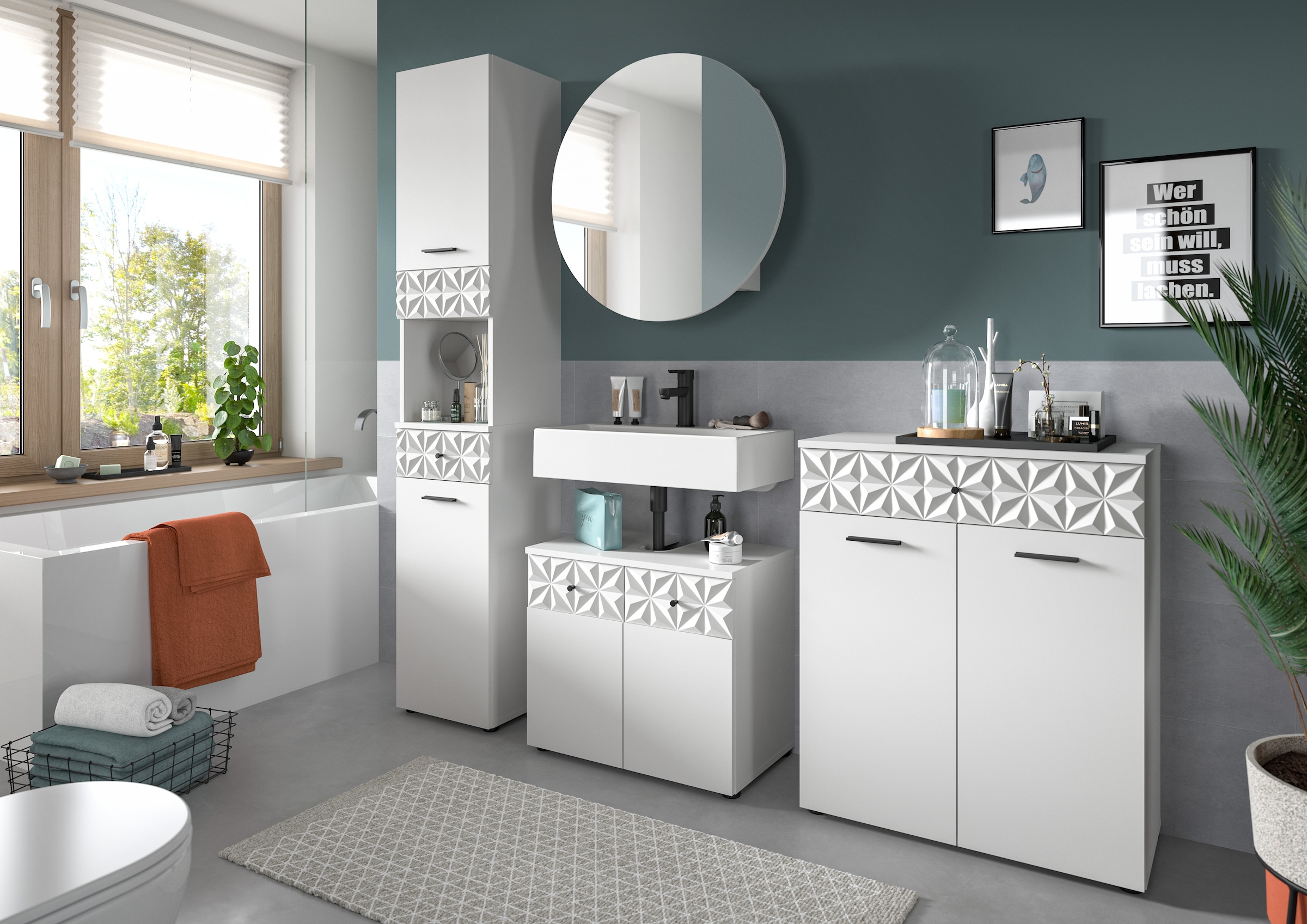 INOSIGN Badezimmer-Set »VICENZA, TOPSELLER!, Breite 195cm, 4-teilig, mit Ornamentabsetzung« Hochschrank, Waschbeckenunterschrank, Spiegelschrank & Unterschrank, 