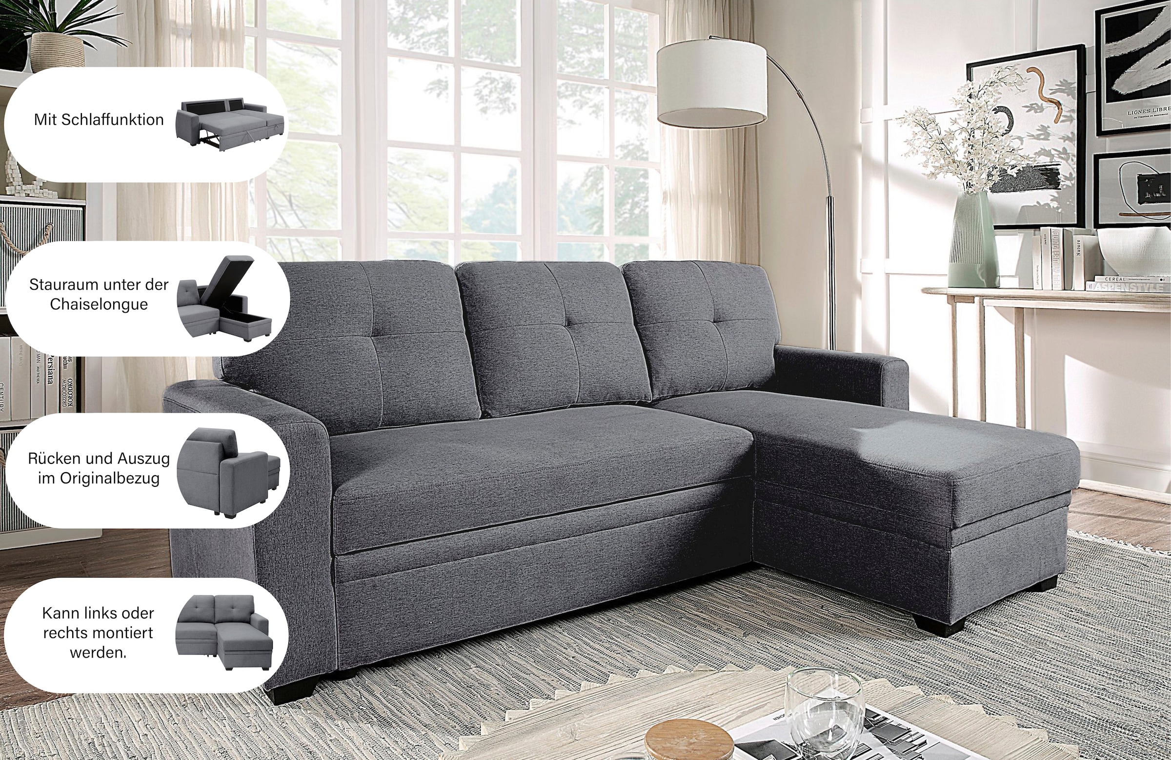 ATLANTIC home collection Canapé d'angle »Gerrit L-Form, B: 216 cm« avec fonction lit et coffre de rangement