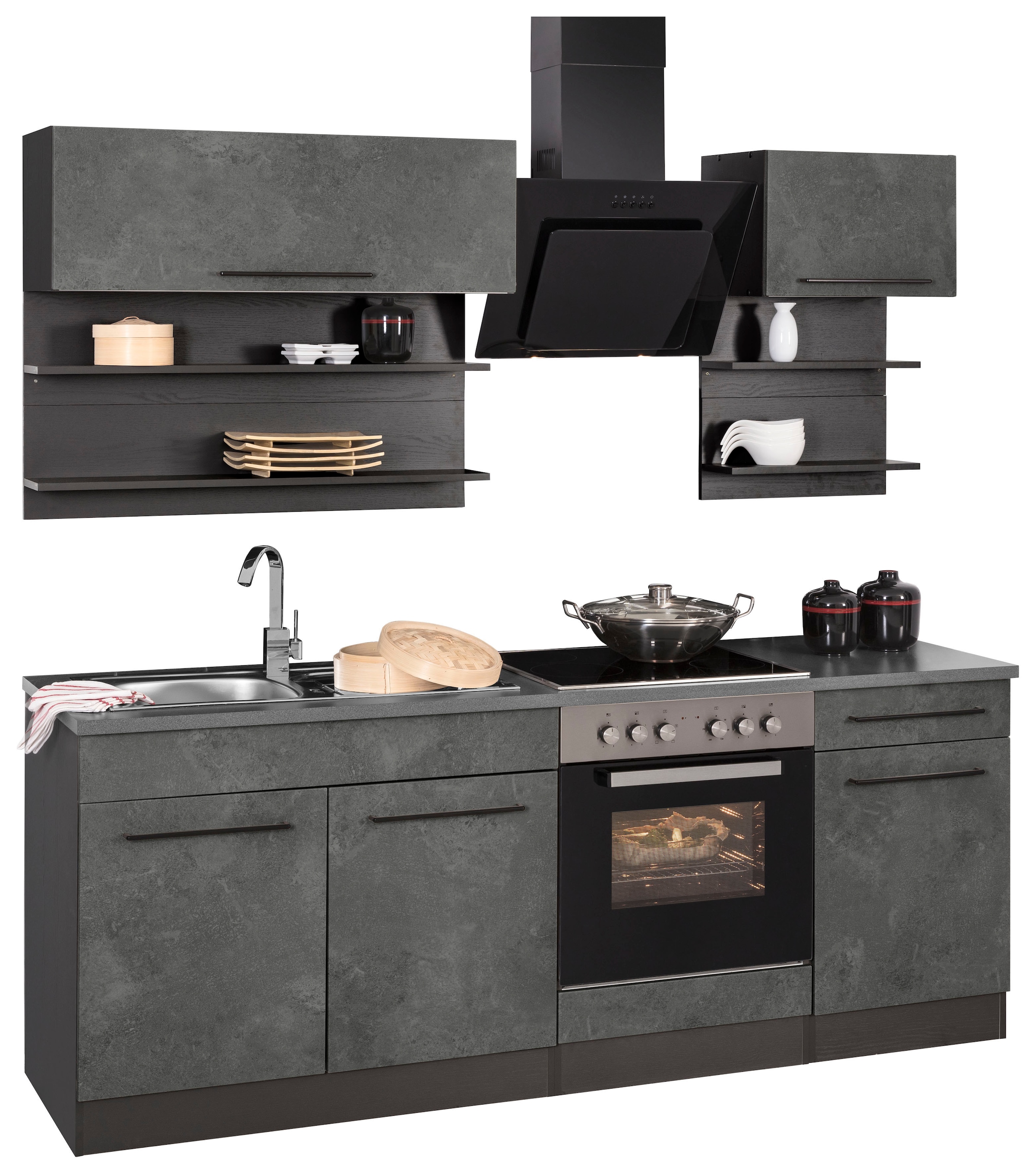 KOCHSTATION Küchenzeile »KS-Tulsa« Breite 210 cm, schwarze Metallgriffe, hochwertige MDF Fronten