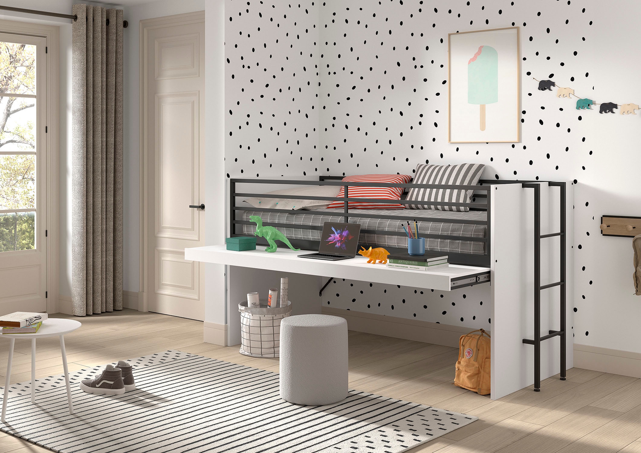 Vipack Hochbett »Sam, schlafen und arbeiten in einem, wahlweise Eiche- oder Weiss-Dekor« Liegefläche 90x200 cm, darunter eine grosse ausziehbare Schreibplatte,  Inkl. Absturzschutz u. Leiter, pflegeleichte Dekor Oberfläche