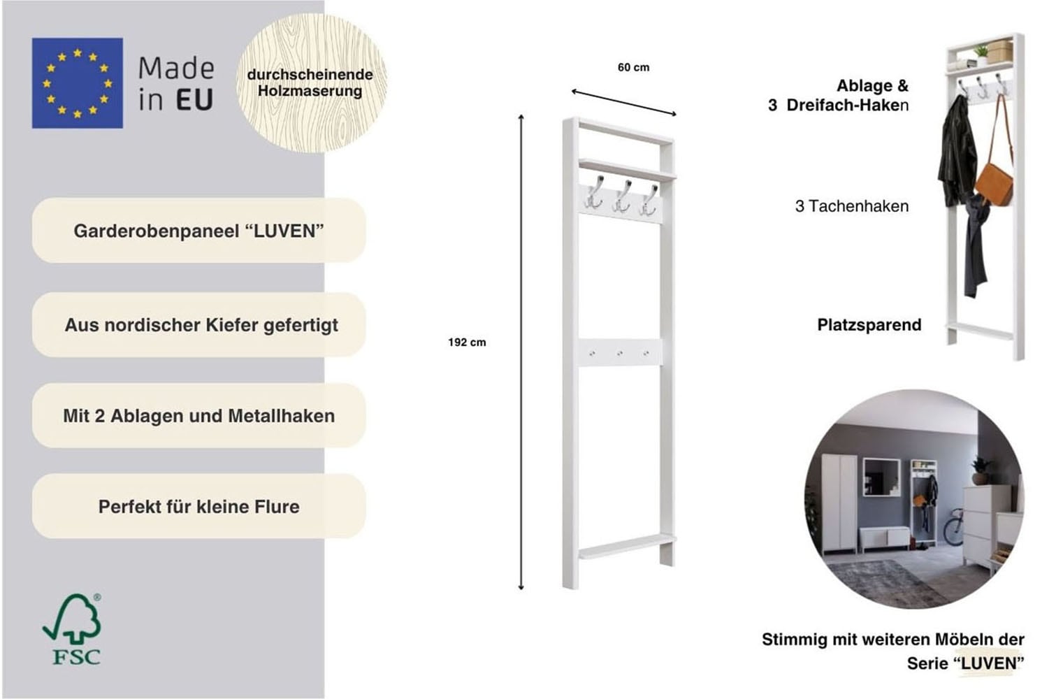 Home affaire Garderobenpaneel »Luven« FSC® zertifiziertes Massivholz