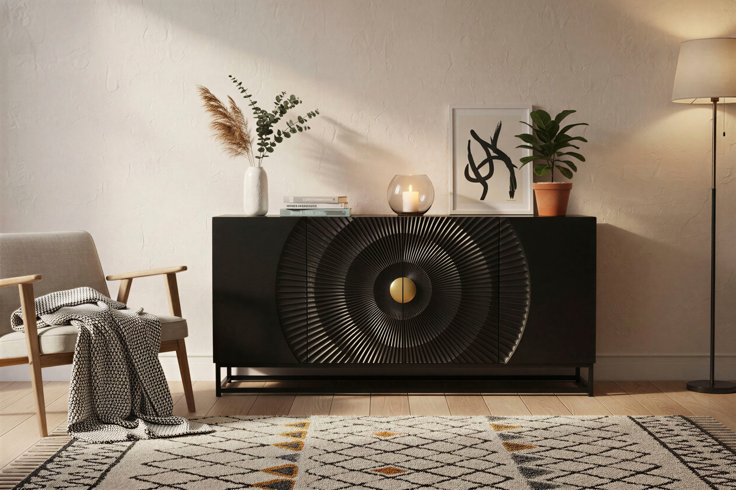 SIT Sideboard »Ljubljana aus Mango massiv mit Schnitzmuster & Goldgriff« 1 Stk. tlg. 4 Türen mit Schnitzfront & goldenem Griff im Metallgestell
