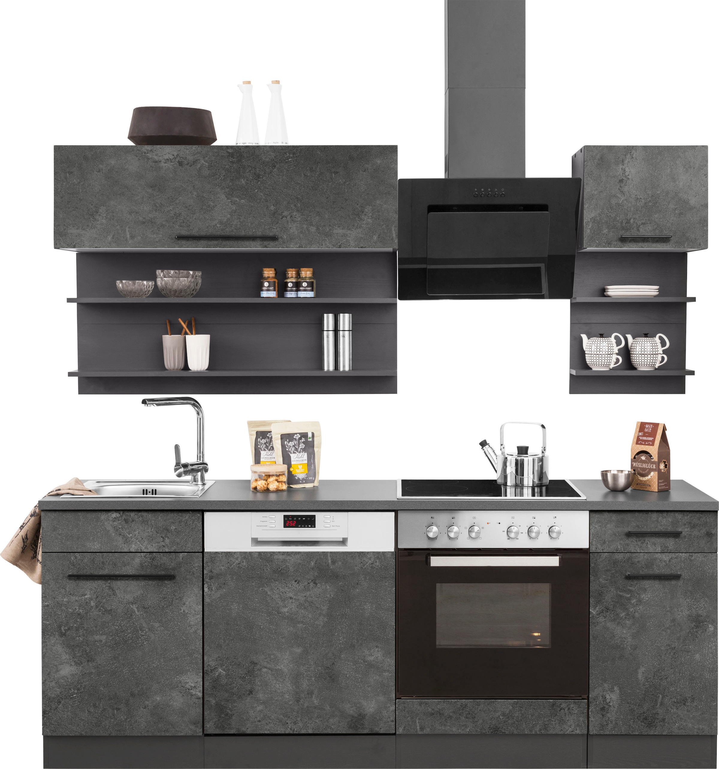 KOCHSTATION Küchenzeile »KS-Tulsa« ohne E-Geräte, Breite 210 cm, schwarze Metallgriffe, MDF Fronten