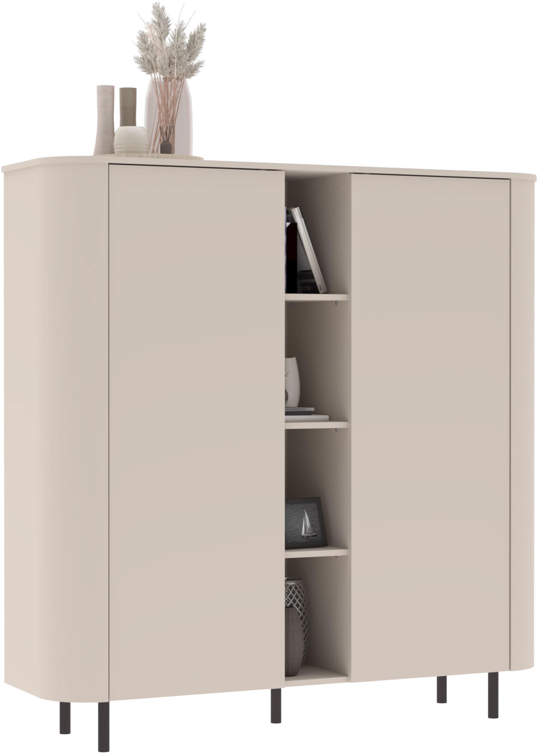 GOODproduct Buffet haut »Lido, B/H 150/154 cm, 2 Türen, 4 offene Fächer, Stauraumschrank« Formgebogenes MDF, Stirnseiten mit Rundung, Push-to-open, Metallfüsse