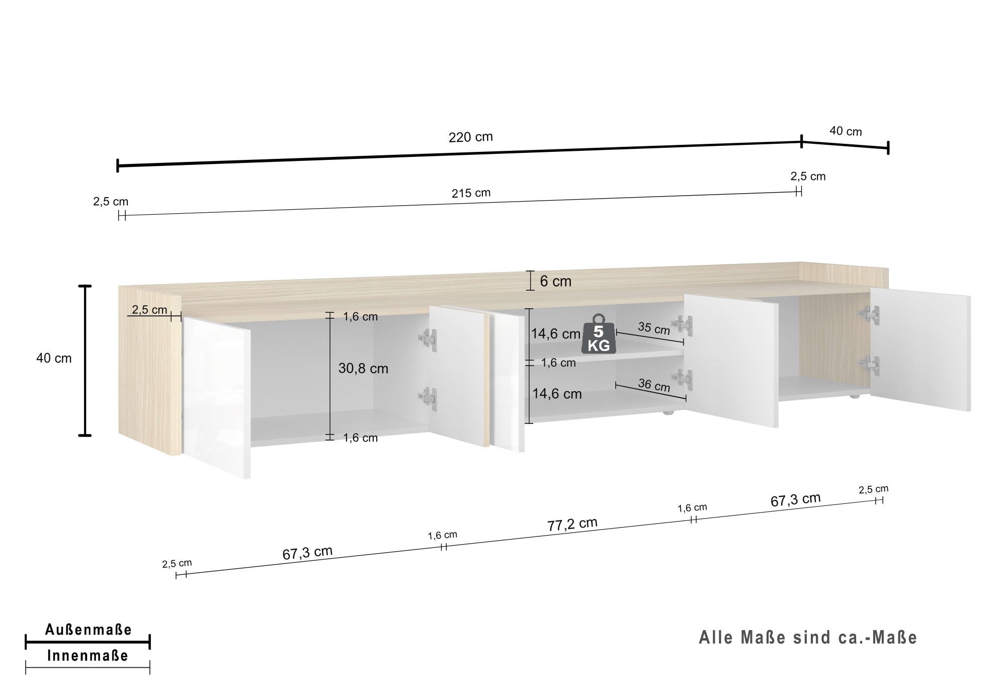 GOODproduct Lowboard »Lowboard ALTEA,Lowboard,TV-Kommode,TV-Möbel,TV-Bank« 1 Stk. tlg. Mit 6 Drehtüren, 4 Innenfächer, B.220 cm