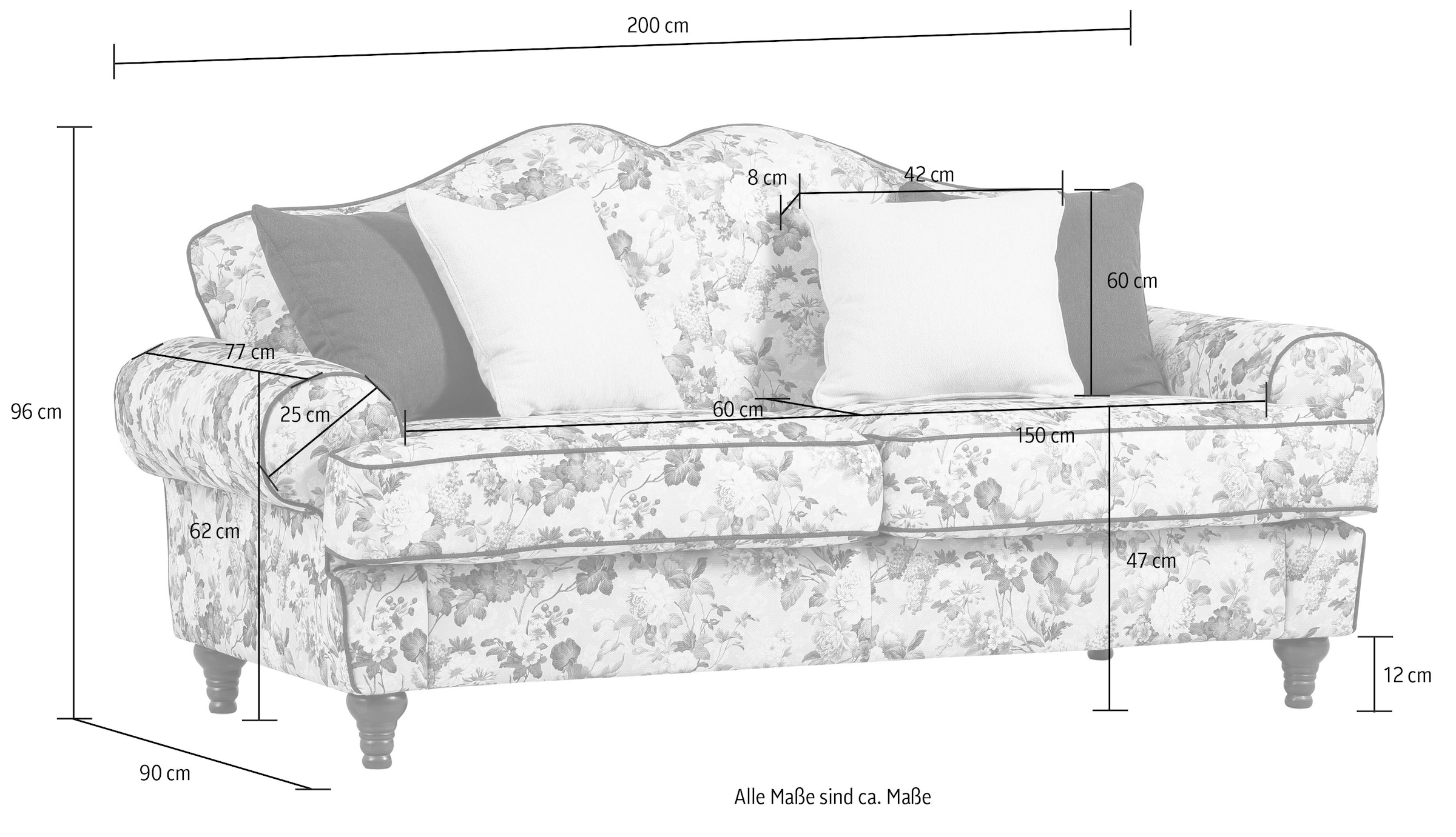 Home affaire 3-places mit 4 Zierkissen, mit gedrechselten Füssen aus Holz