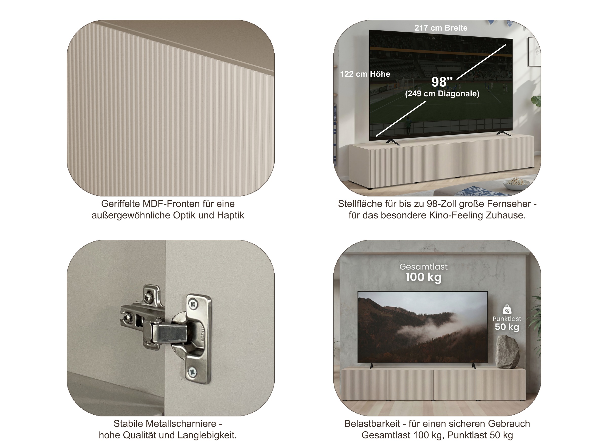 Home affaire Table basse »Rio, 245 cm breit, 47 cm tief, 4 Türen mit geriffelten MDF Fronten« Modernes Lowboard für bis zu 98-Zoll-TV – perfekt für die WM
