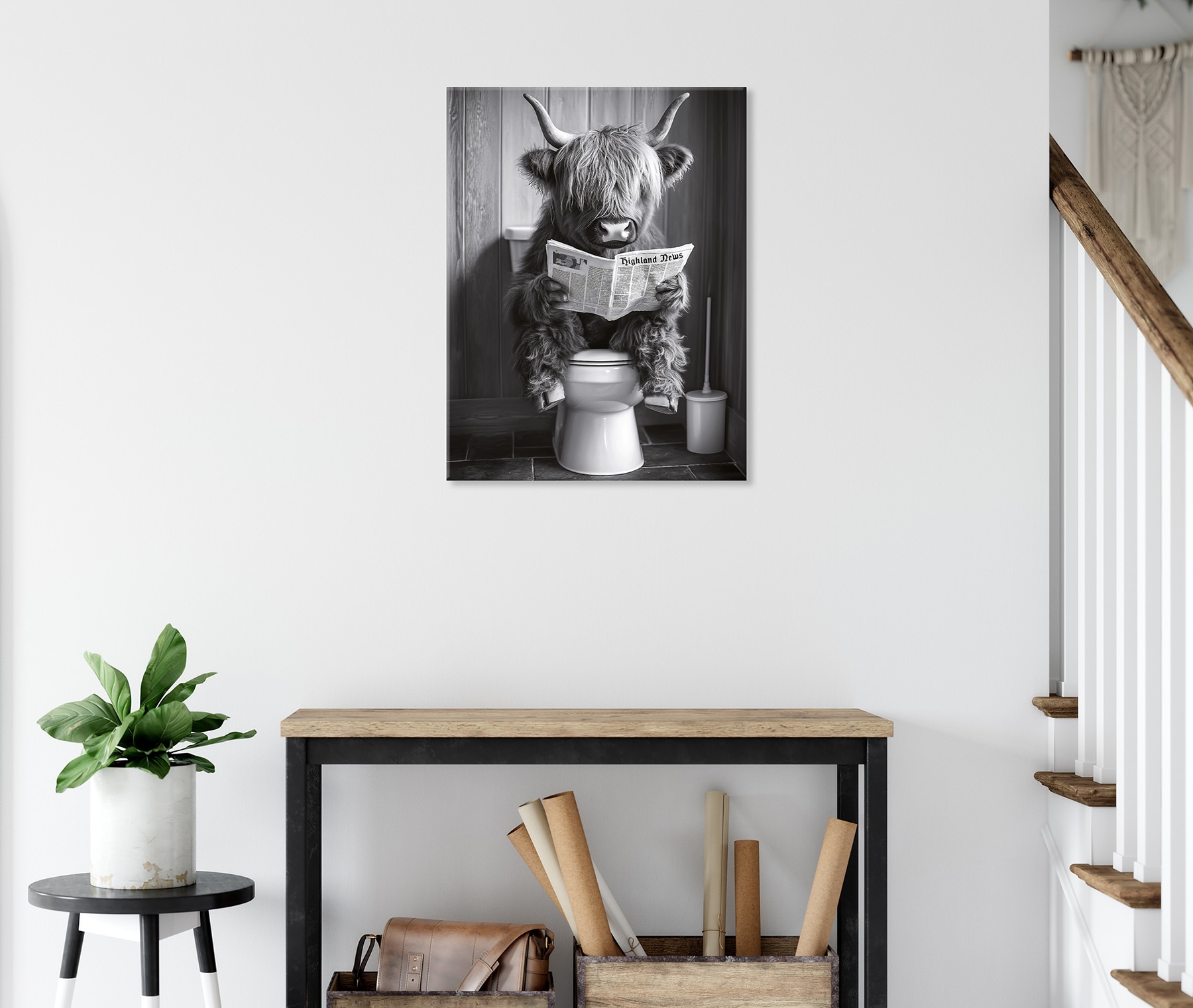 Bönninghoff Leinwandbild »Wandbild HOCHLANDRIND AUF WC 46x61 cm – Leinwandbild Keilrahmen Deko« Hochlandrind | Humor | Kuh | Kuhbilder | Kühe | Schwarz-Weiss | Tiere 1 Stk. tlg. auf Keilrahmen gespannt