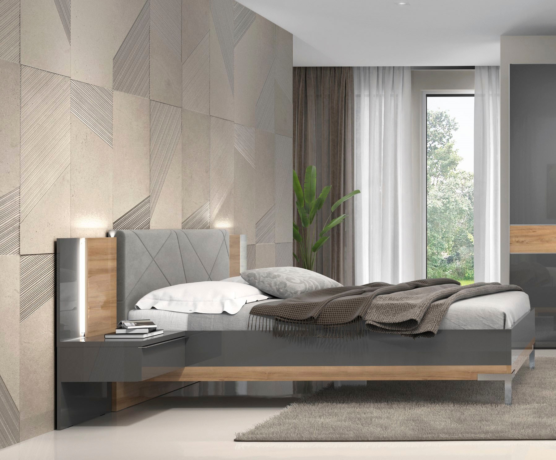 GOODproduct Sommier »Onyx, FSC-zertifiziert, hochwertige UV Lackierung Hochglanz anthrazit« avec pieds en métal,  avec tête de lit rembourrée, surface de couchage 160x200 cm