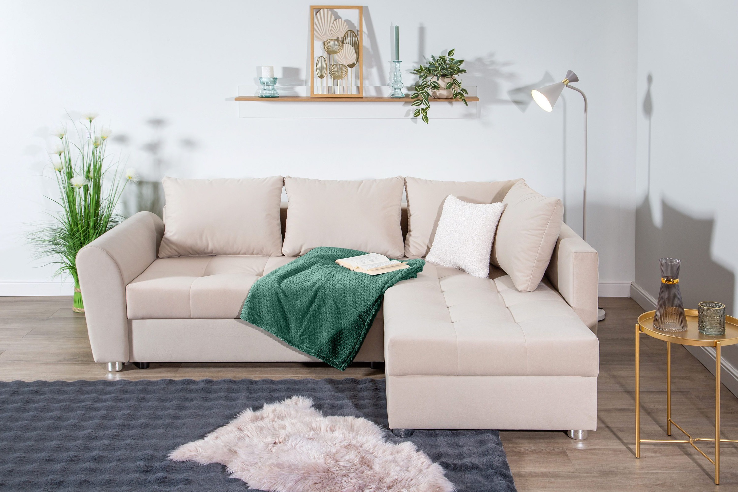 COLLECTION AB Canapé d'angle »Jana L-Form, B: 220 cm« Bettfunktion, Bettkasten & 1 Zierkissen, Federkern