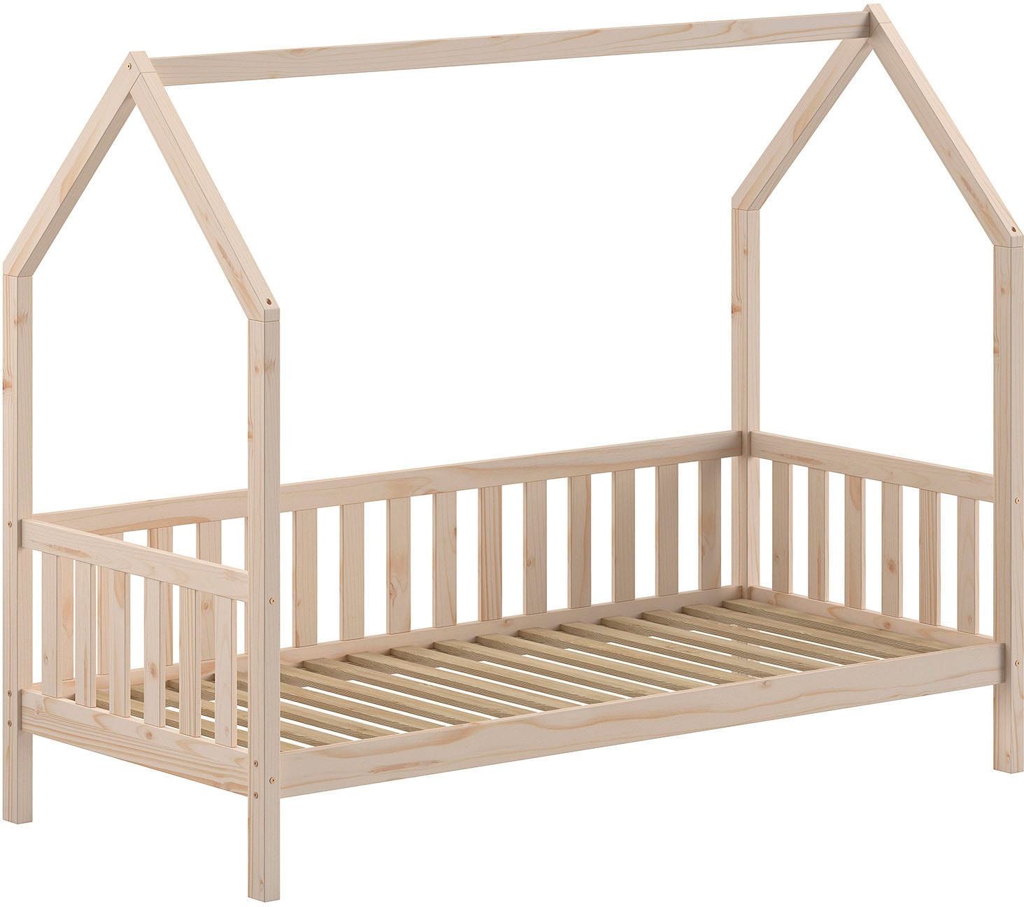 Vipack Hausbett »Cabane, mit Dachaufbau und Sprossenumrandung in Landhaus-Optik« (B/H/T ca. 208x169x98 cm) aus massiver Eiche, Oberfläche Natur,  sehr stabil und standfest gebaut inkl. Massivholz Rolllattenrost