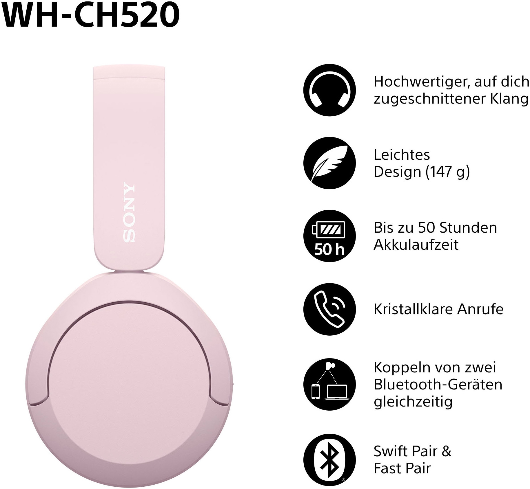 Sony Bluetooth-Kopfhörer »WHCH520« Bluetooth Freisprechfunktion | Rauschunterdrückung | Sprachsteuerung | kompatibel mit Siri 200 Std. Max. Akkulaufzeit (Standby)