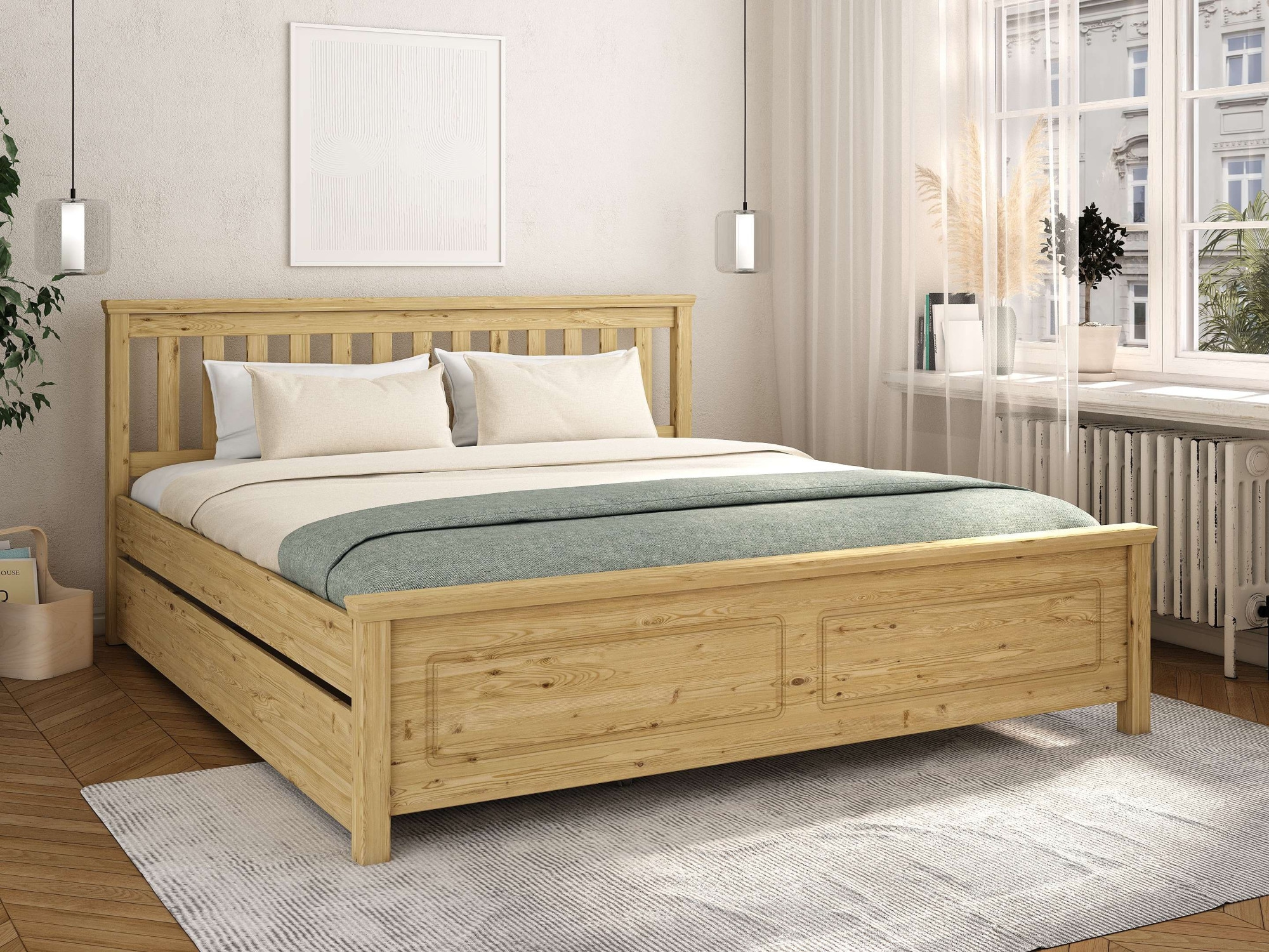 GOODproduct Lit »Fredegard, skandinavischer Stil, vielseitig kombinierbar, 2 Breiten« 180er oder 140er Breite,  Sprossen am Kopfteil, mit Lattenrost, Kassettenoptik