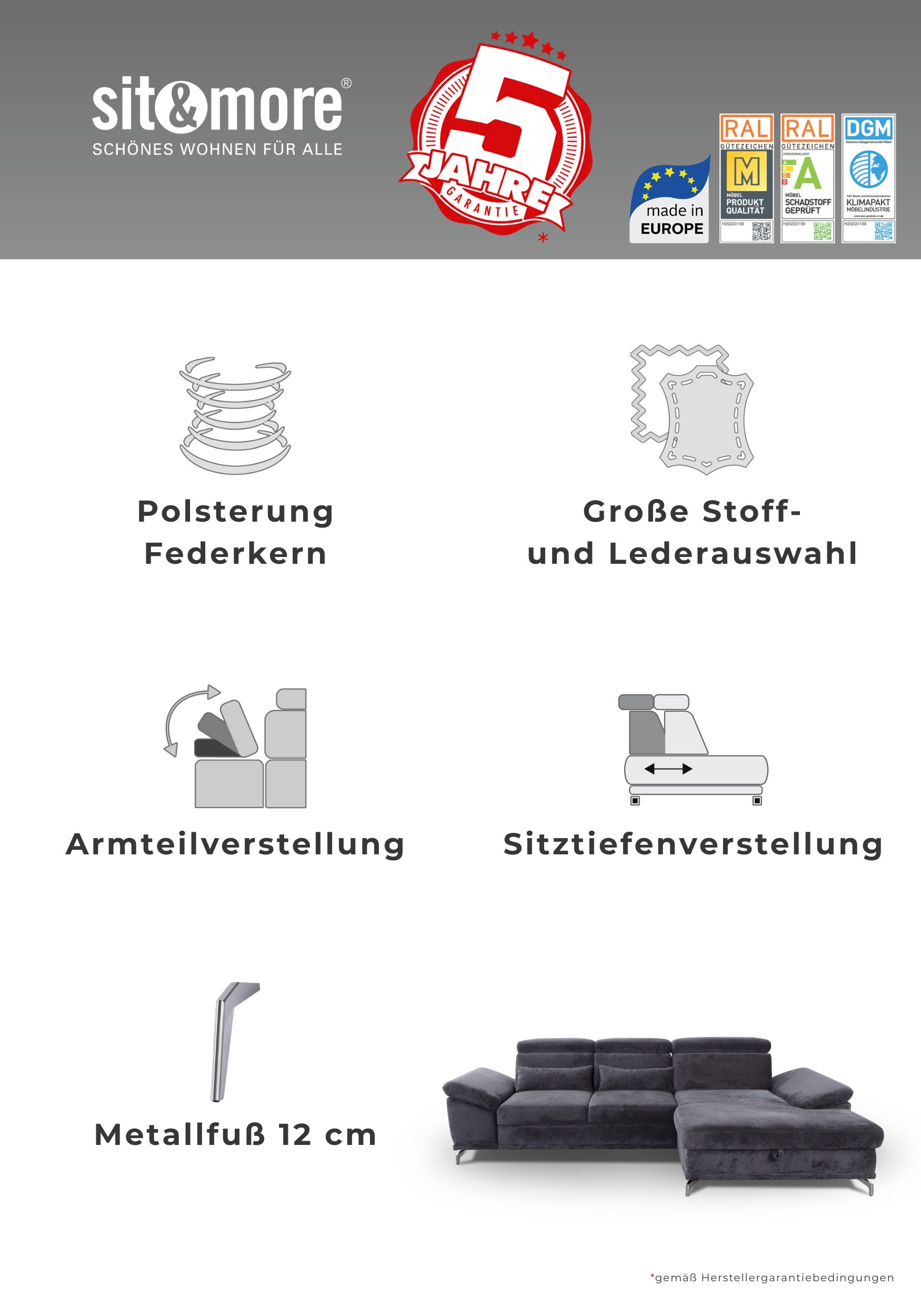 sit&more Canapé d'angle »Cabrio L-Form, B: 274 cm, mit Sitztiefen-, Arm- & Kopfteilverstellung« 3 coussins lombaires, ressorts ensachés, fonction lit et rangement optionnels