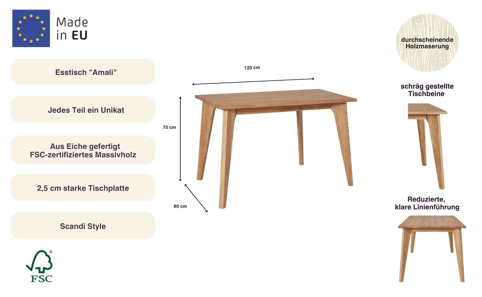 andas Esstisch »Amali« Aus massiver Eiche, in 3 Breiten