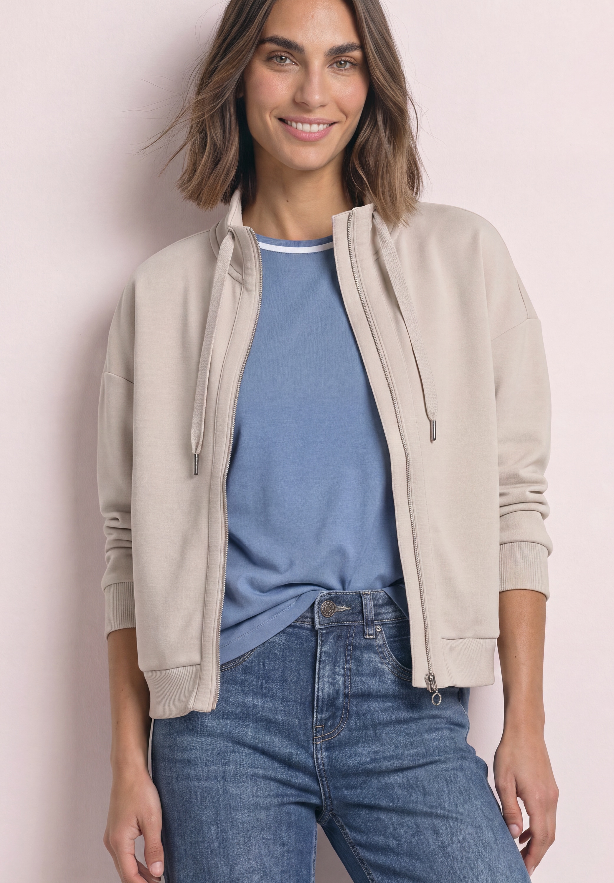 STREET ONE Veste sweat veste manches 3/4 en look soie avec détails côtelés