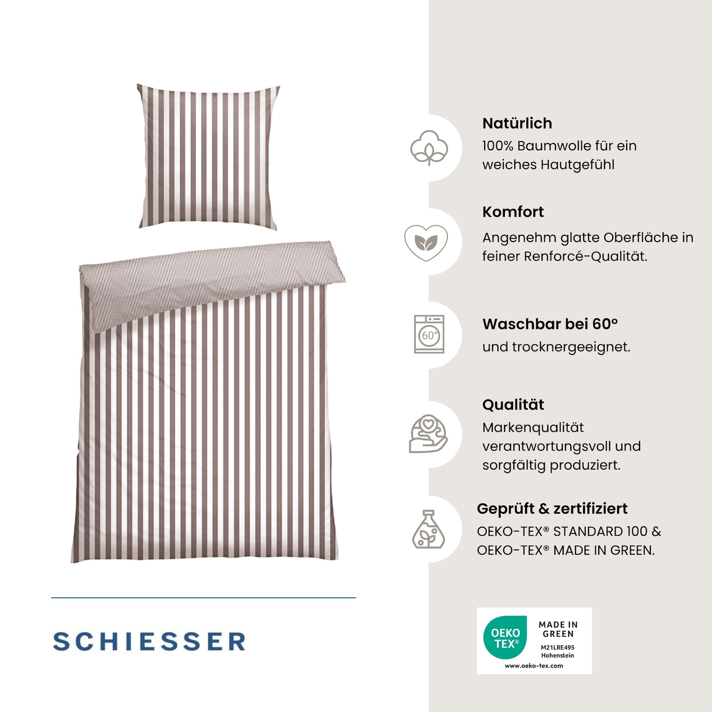 Schiesser Linge de lit réversible »Marie aus weicher Baumwolle und Streifen Allover« 2 cuis OEKO-TEX® MADE IN GREEN