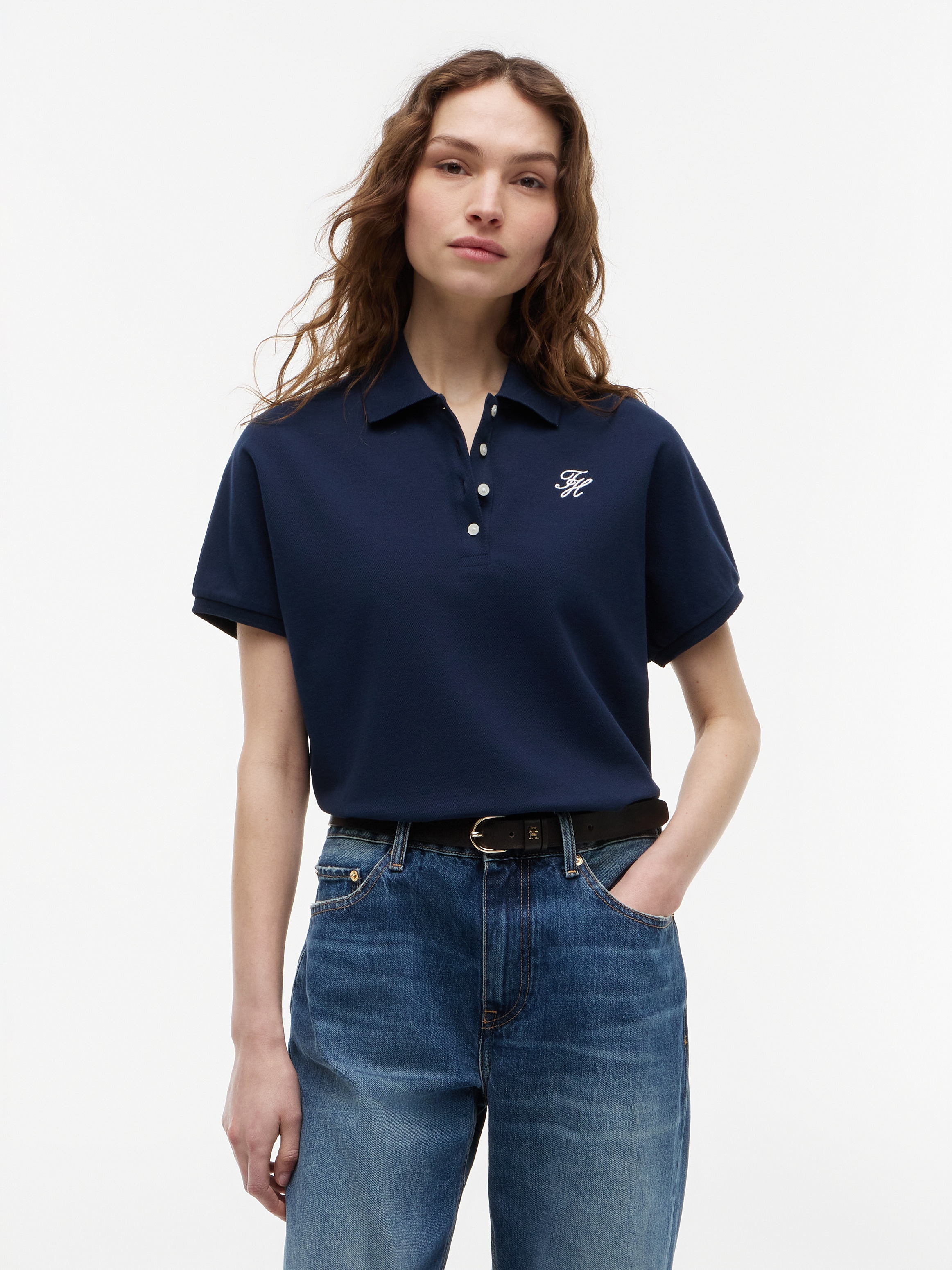 Tommy Hilfiger Polo »TH SCRIPT MODERN SS POLO« mélange de coton, col polo, patte de boutonnage courte