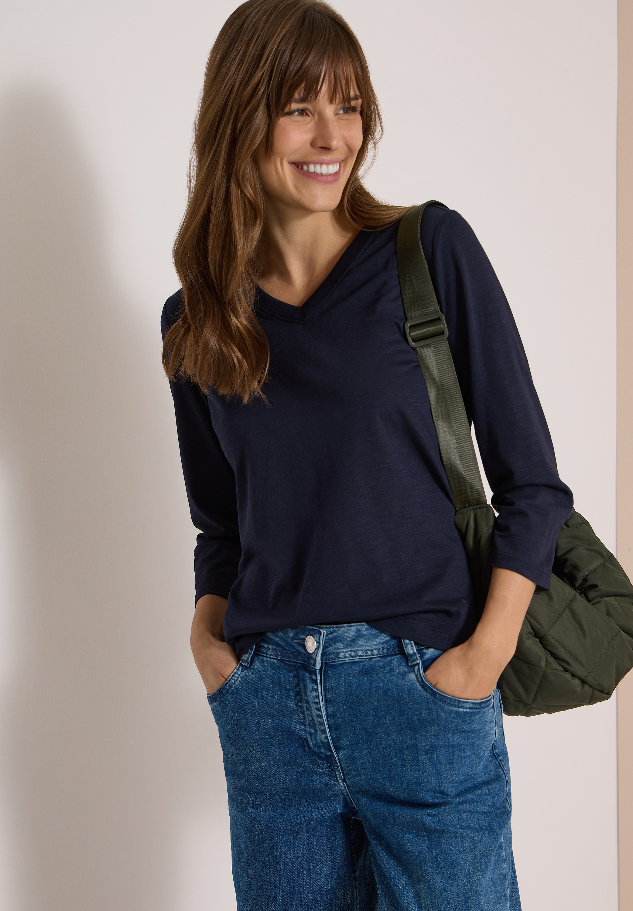 Cecil T-shirt en V t-shirt manches 3/4 uni avec col en V