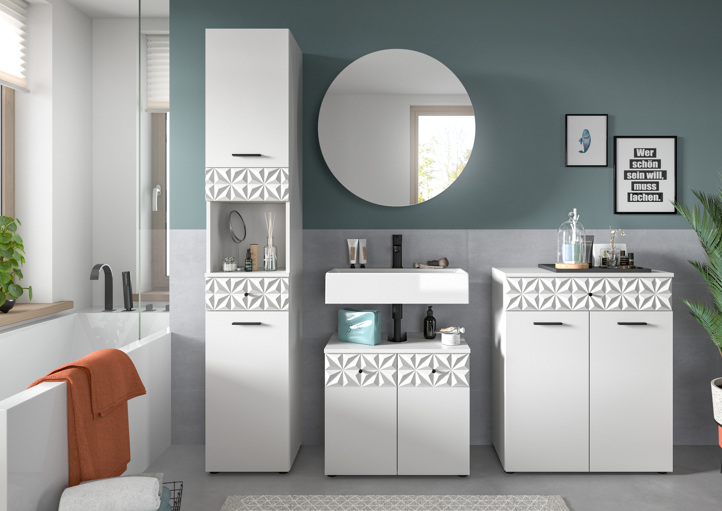 INOSIGN Badezimmer-Set »VICENZA, TOPSELLER!, Breite 195cm, 4-teilig, mit Ornamentabsetzung« Hochschrank, Waschbeckenunterschrank, Spiegelschrank & Unterschrank, 