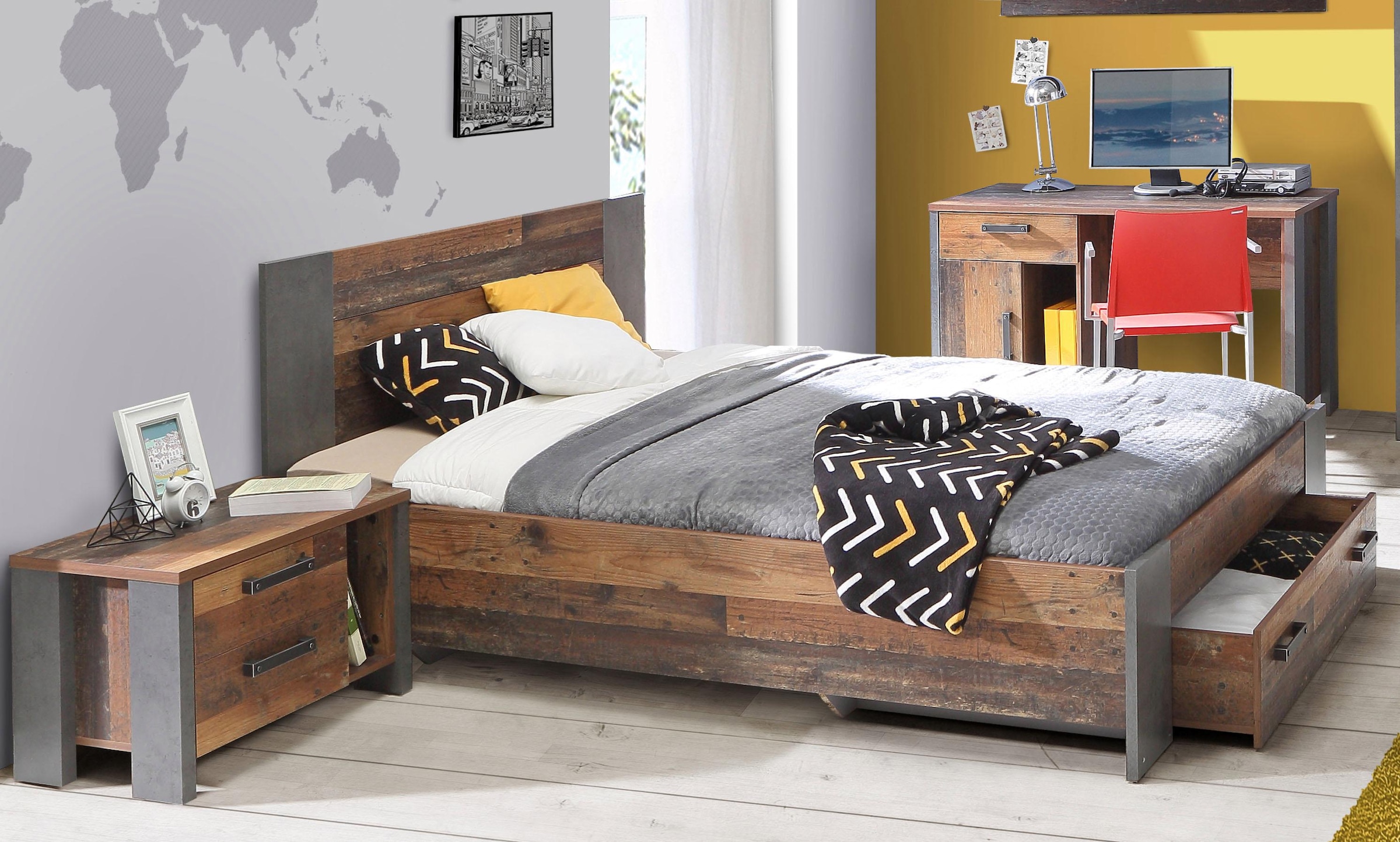 FORTE Lit »Clif, Jugendbett, Belastbarkeit 120 KG, Schubkasten optional« Surface de couchage 140x200 cm,  Design industriel