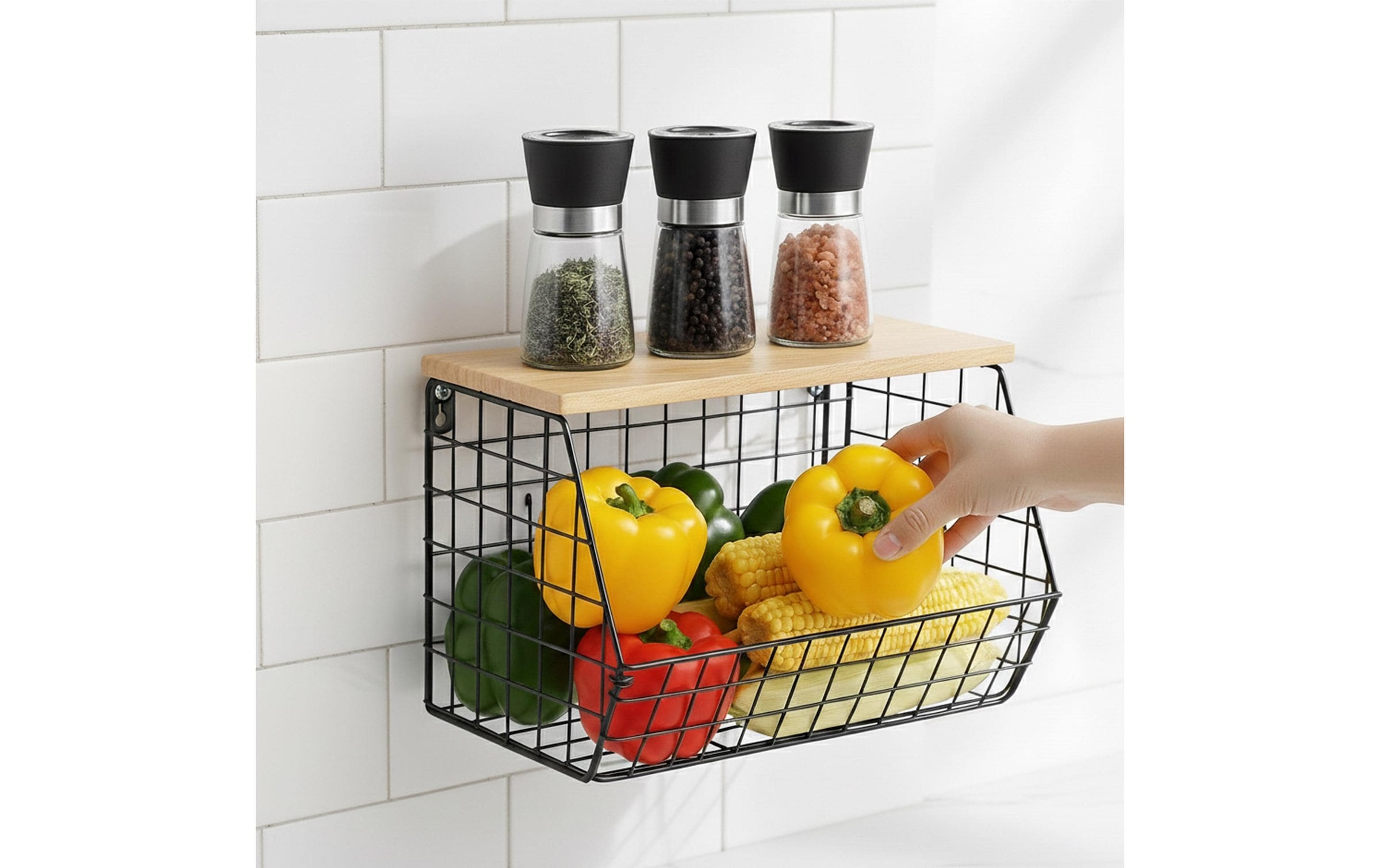 relaxdays Étagère multi-usages »Organizer Obstkorb 21 x 30 cm« Platzsparender Gitterkorb mit Regalbrett zur Wandmontage