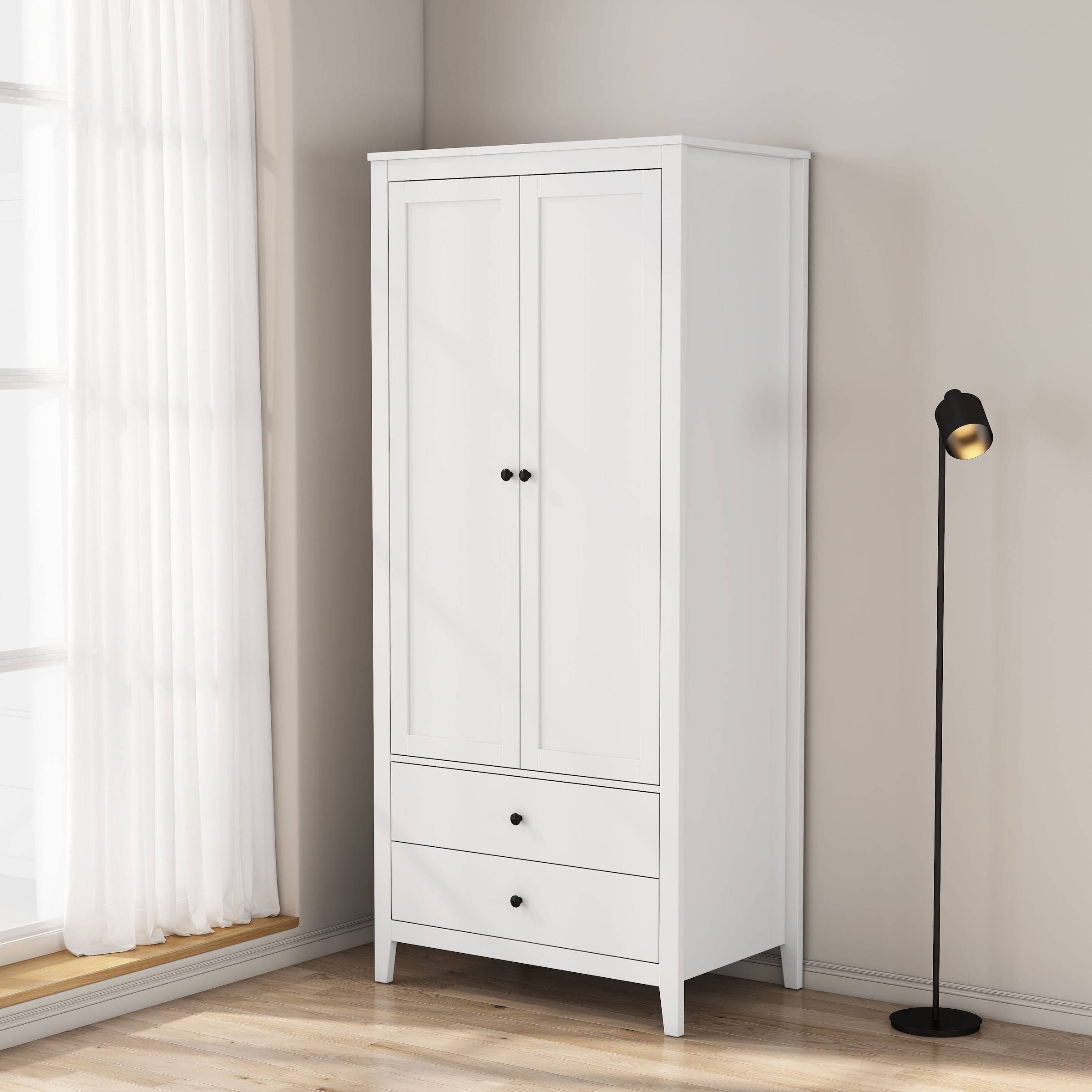 GOODproduct Armoires à vêtements »Borkum Schlafzimmerschrank Garderobe Landhaus Bestseller weiss« hochwertige schwarze Griffe aus Metall,  Schlafzimmerschrank mit 2 Türen und 2 Schubladen