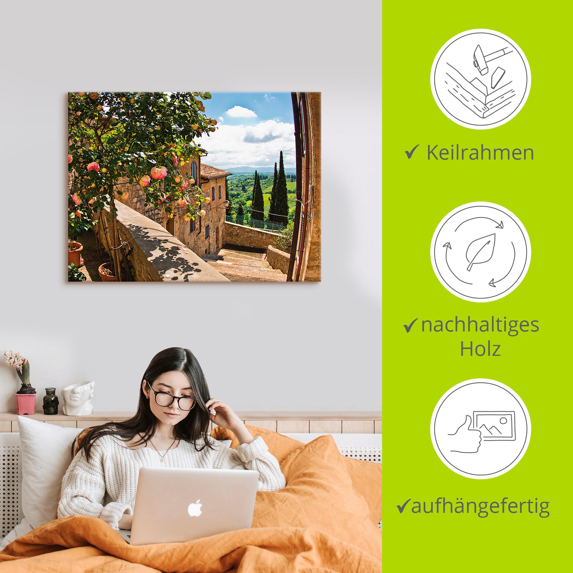 Artland Fresque murale »Rosen auf Balkon Toskanalandschaft« 1 cuis tlg. als Leinwandbild, Poster in verschied. Grössen