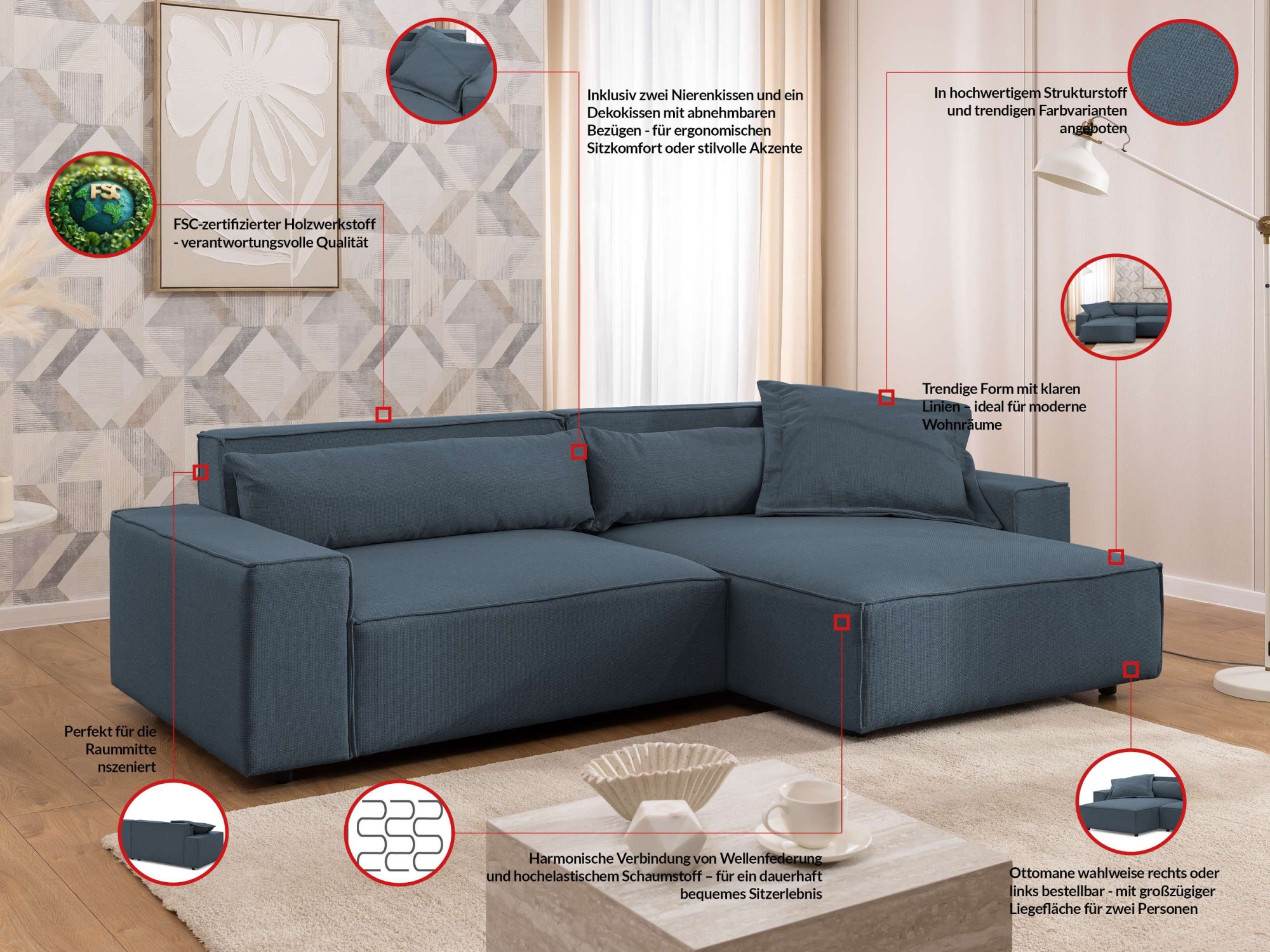 GOODproduct Canapé d'angle »KINLEE Design-Sofa mit Recamiere rechts/links, Masse B/T/H 251/144/70cm« L-Form mit Wellenunterfederung, ohne Bettfunktion, modern und beguem