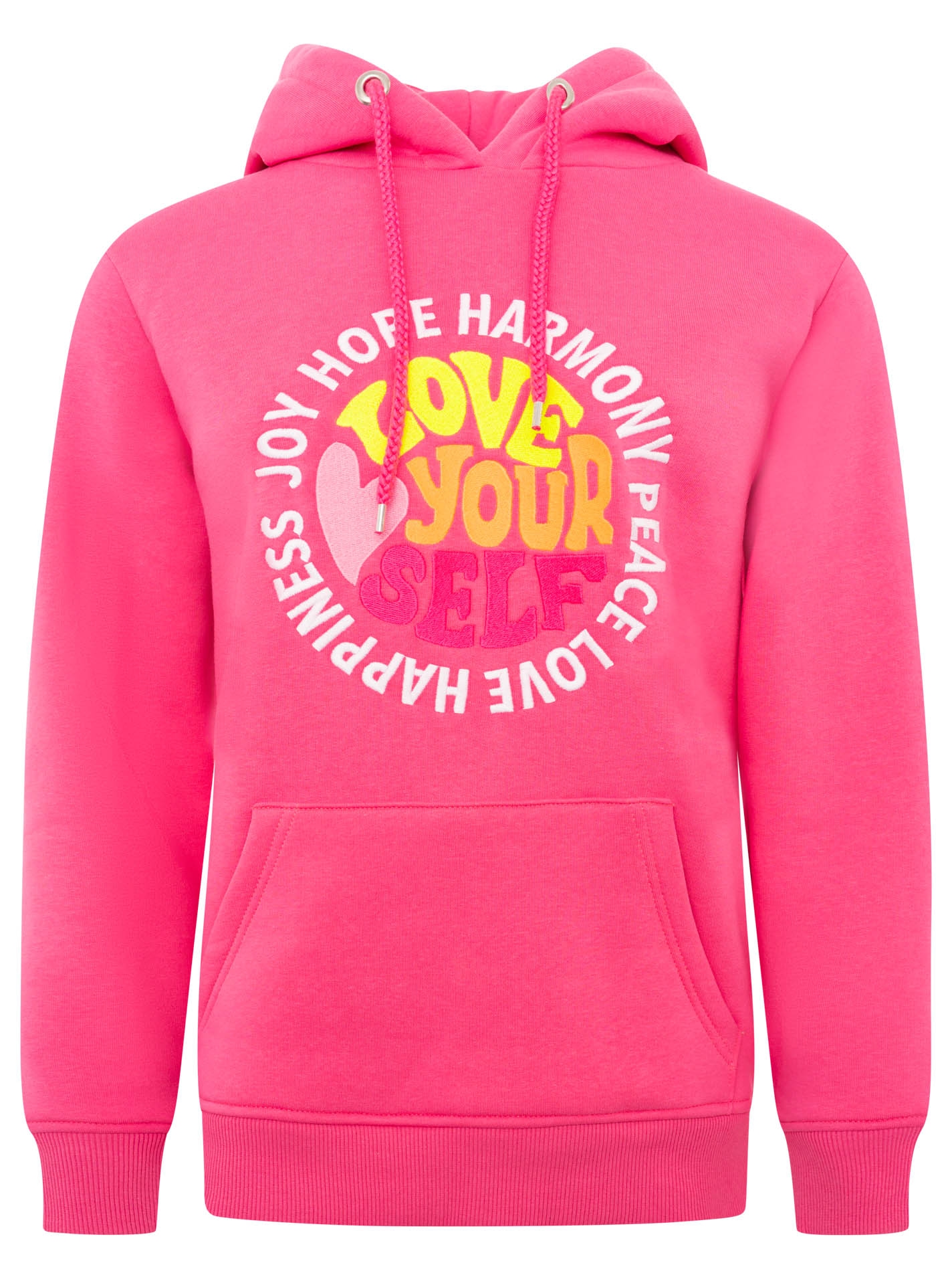 Zwillingsherz Hoodie »"Love Yourslef"«, runde grosse Frontstickerei, farbige Kordel, Kängurutasche
