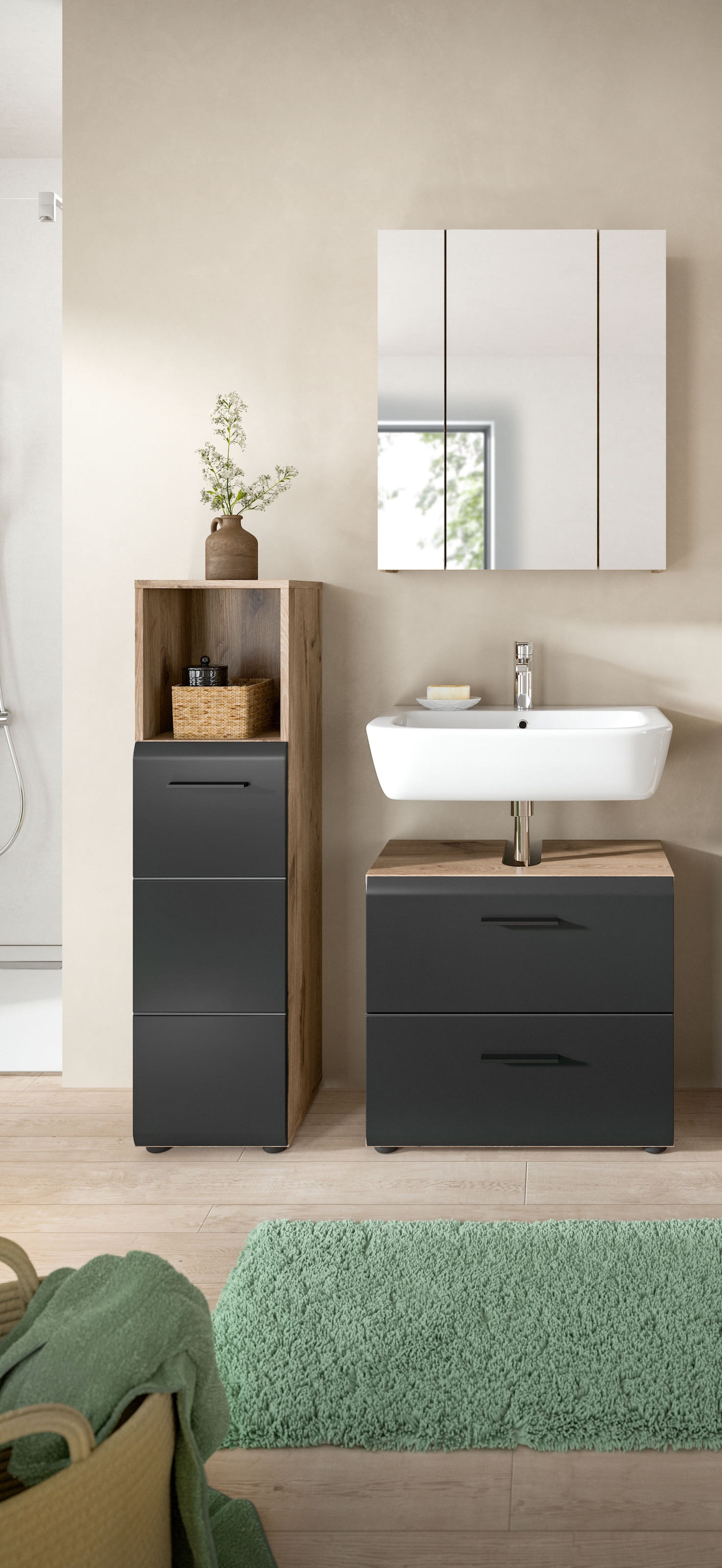 welltime Badmöbel-Set »FLORENZ, TOPSELLER!, 3-teilige Badkombination, hochwertige MDF-Front« best. aus: Midischrank hoch, Waschbeckenunterschrank, Spiegelschrank, 