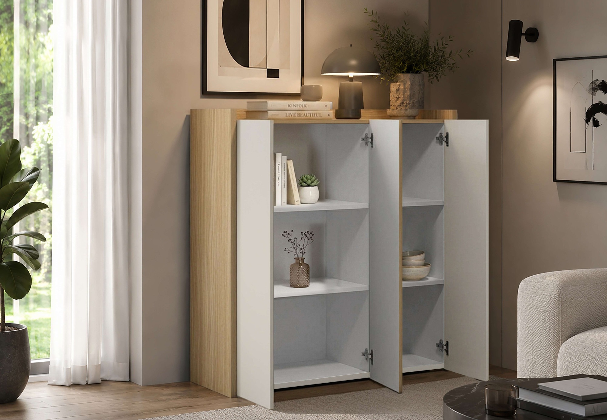 GOODproduct Buffet haut »Highboard ALTEA, Kommode, Schrank, Kredenz« 1 cuis tlg. avec 3 portes battantes, 6 compartiments intérieurs, L.112,5 cm