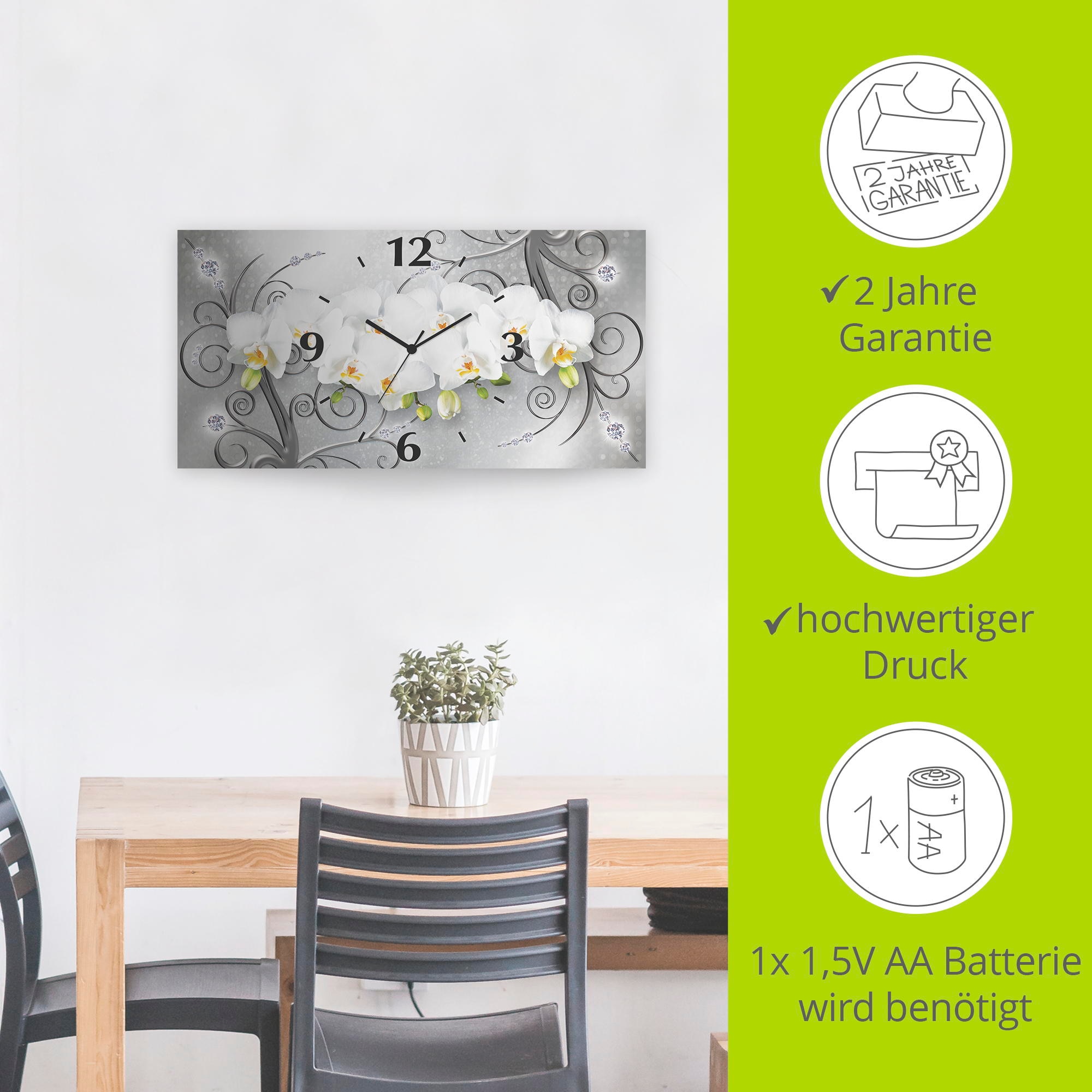 Artland Horloge murale »weisse Orchideen auf Ornamenten« 3D Optik gebogen, mit Quarz- oder Funkuhrwerk, versch. Grössen