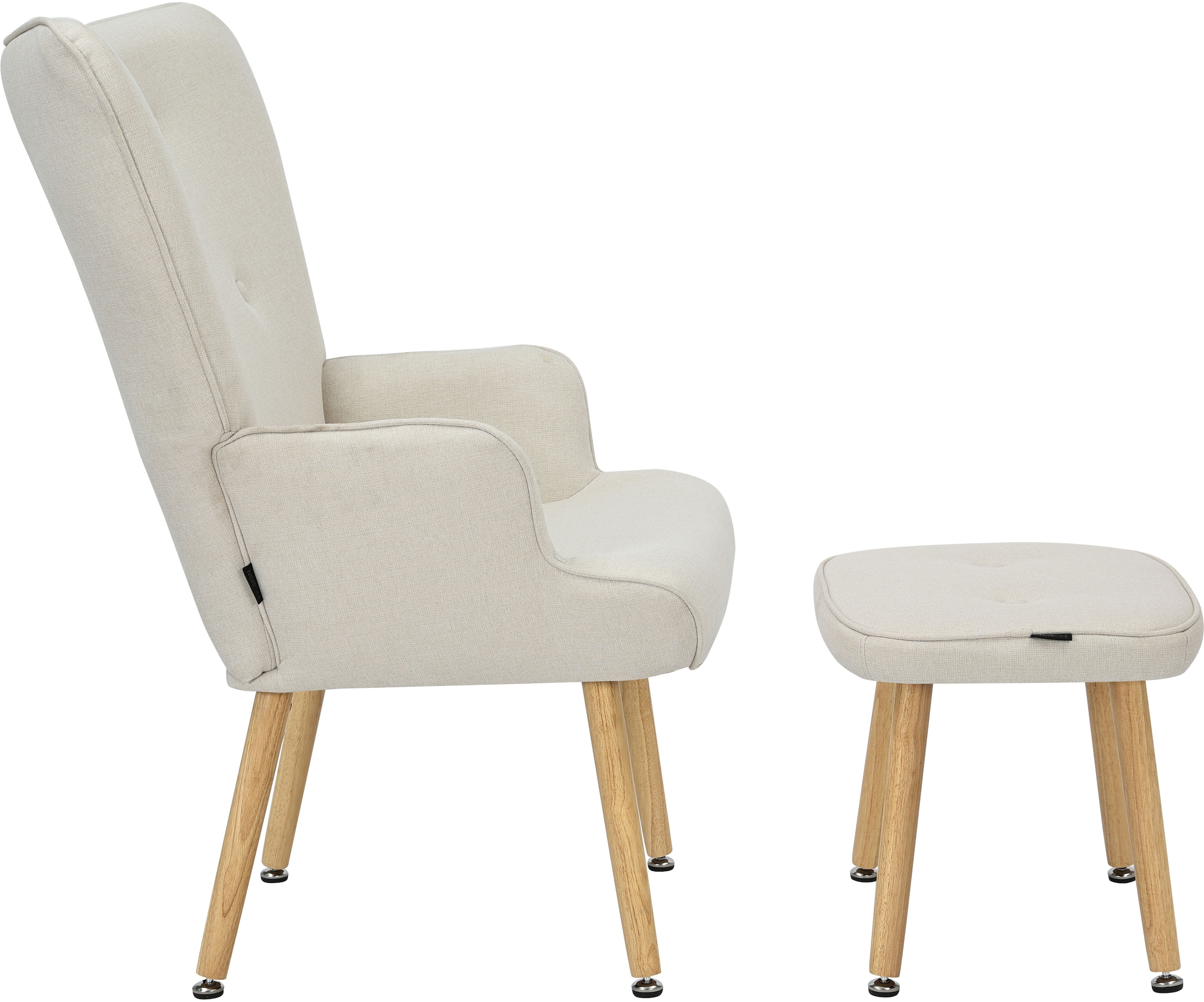 INOSIGN Ohrensessel »PERHAM, Sessel mit Hocker im Set, Knopfheftung, Massivholz-Füsse,« komfortabler Relaxsessel und Sitz-Hocker mit Strukturbezug