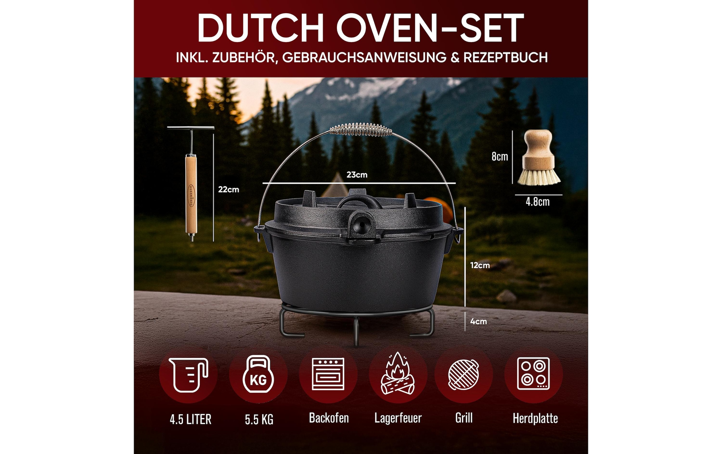   Grilltopf »Gusskoenig Dutch Oven Set 4,5 l mit Heber, Bürste, Untersetzer« Gusseisen