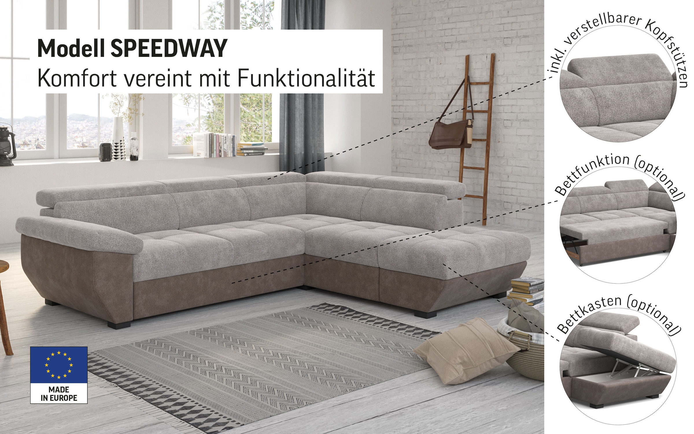 COTTA Canapé d'angle »Speedway L-Form« mit Kopfteilverstellung, wahlweise mit Bettfunktion & Bettkasten