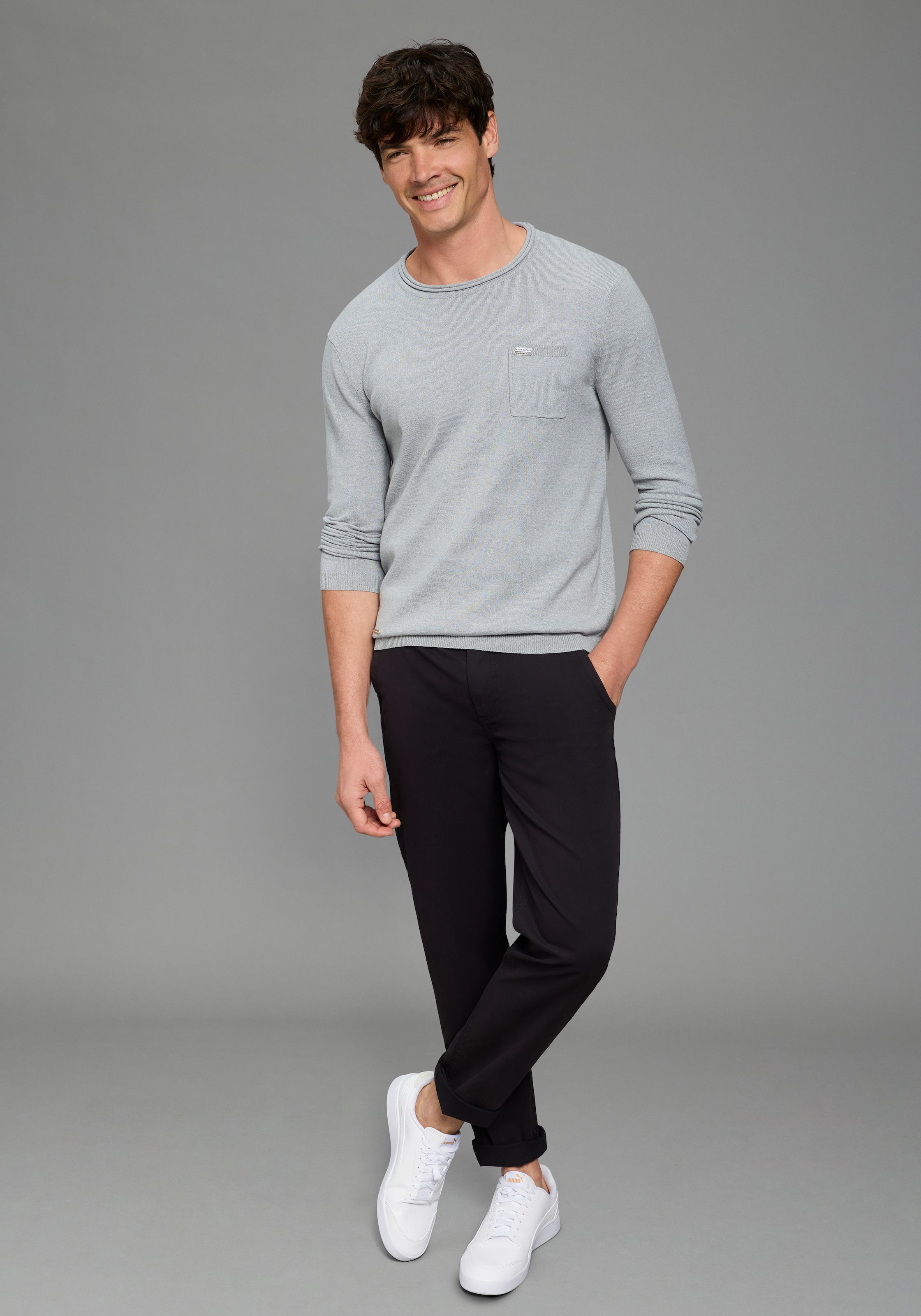 Bruno Banani Pull à col rond aus Baumwolle, mit Rundhalsausschnitt, Langarm, melierte Optik