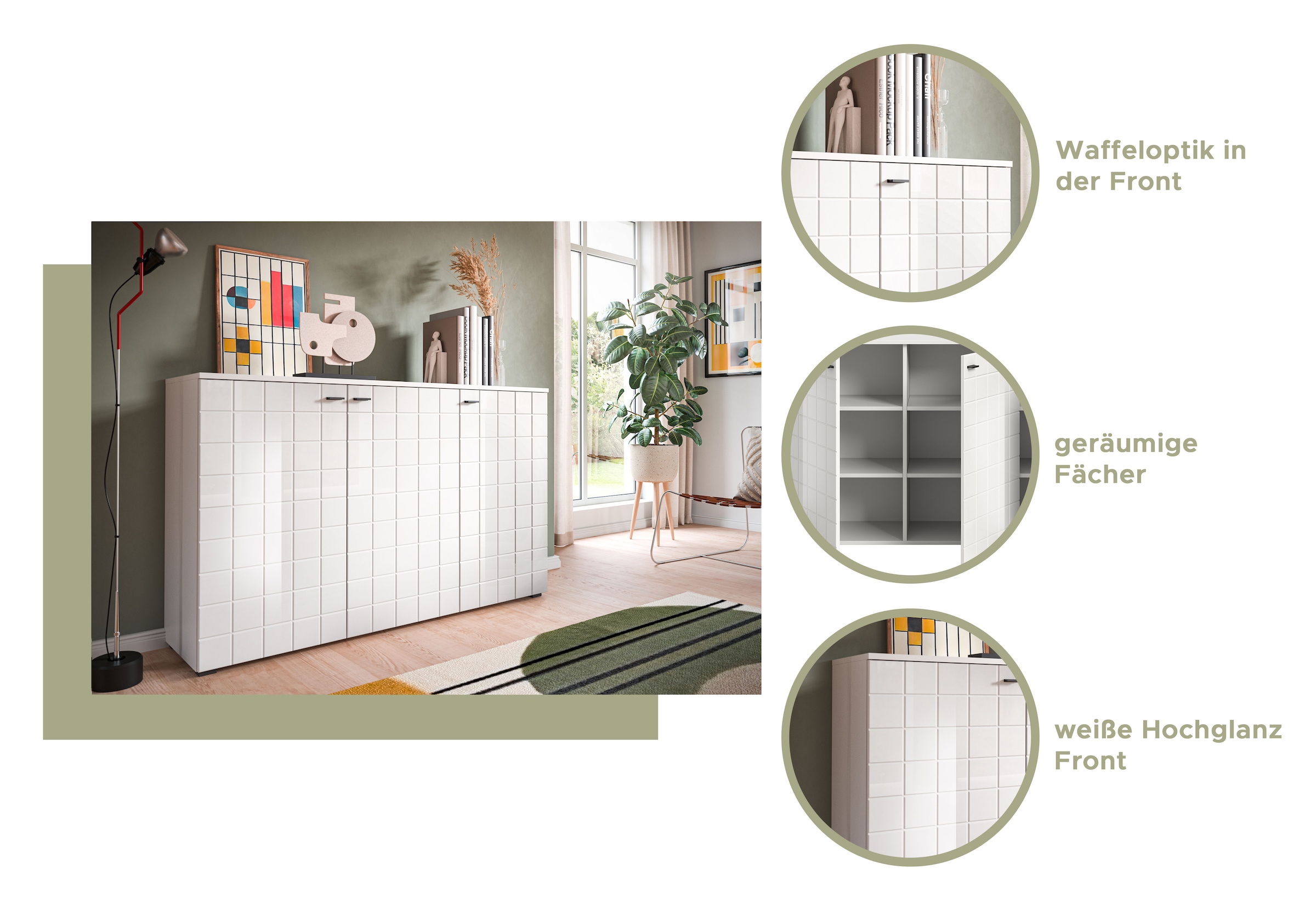 INOSIGN Sideboard »Gora, Breite 138 cm, gefräste Front in Waffeloptik hochglanz« Kommode, Schrank, Anrichte