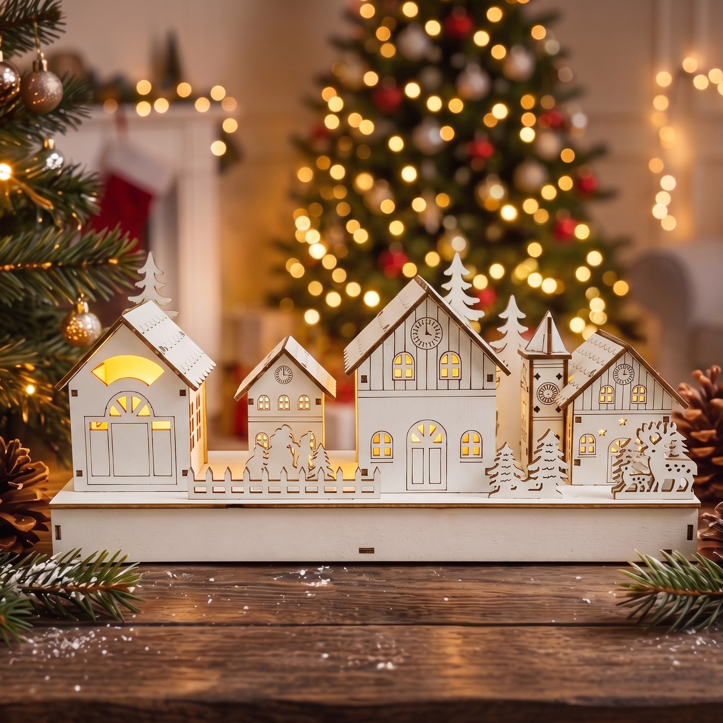 GOODproduct Weihnachtsdorf »Weihnachtsszene weiss« LED-Licht, detailreich gestaltete Winterszene