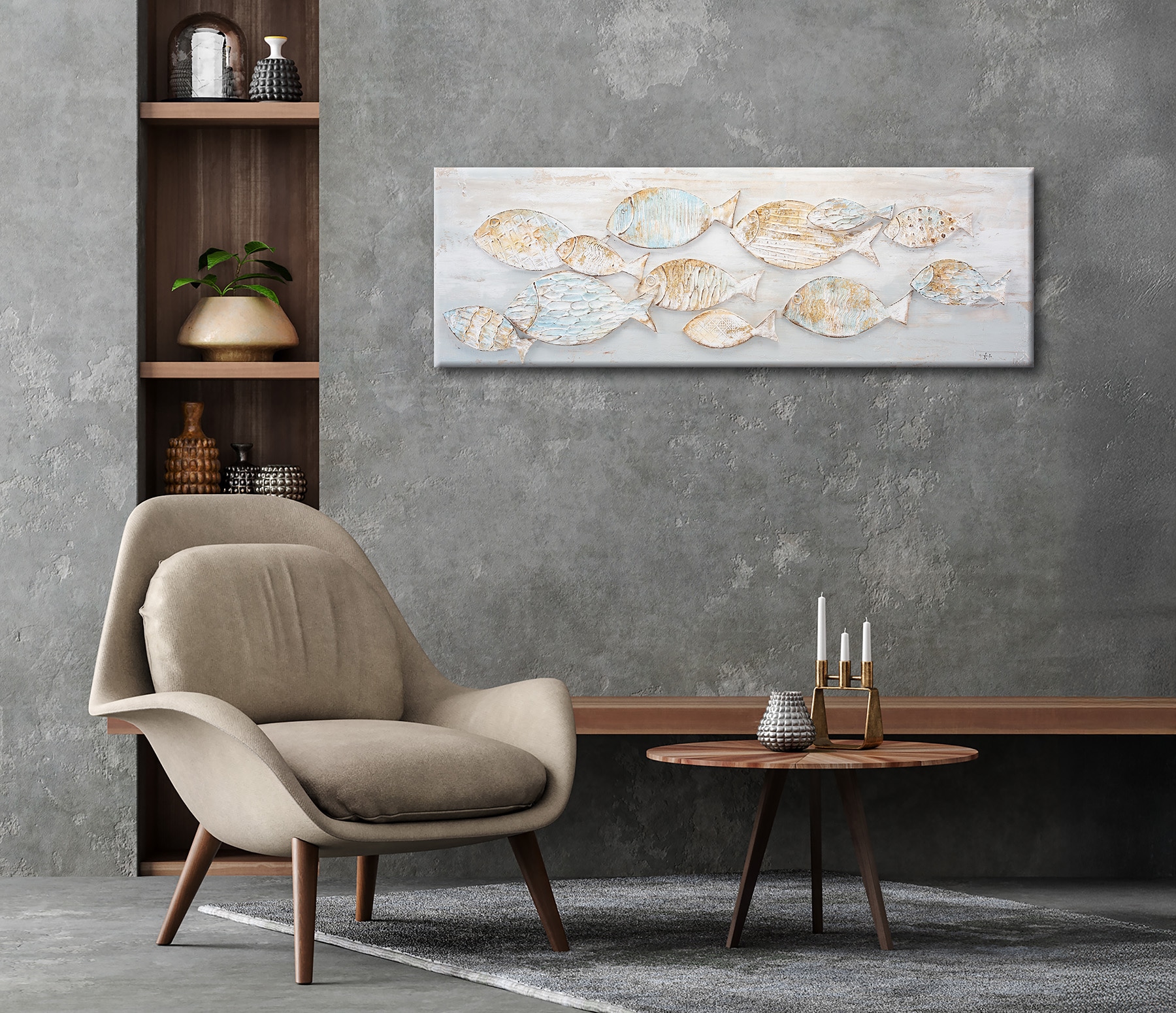 Bönninghoff Peinture à l'huile »handarbeit FISCHE 40x120 cm – Wandbild Kunst Deko modern« Mer | Poisson | Poisson et fruits de mer 1 cuis tlg. fabriqué à la main, chaque image est unique