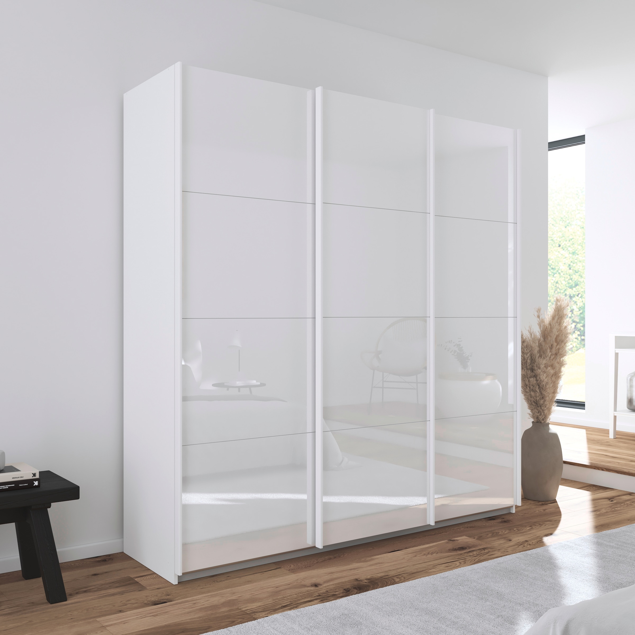 GOODproduct Schwebetürenschrank »Kleiderschrank Schrank Garderobe AGORDO mit Glasfront« Breiten 203/271/315/360 cm, Höhen 210/229 cm,  durchdachte Innenausstattung, in 4 Breiten und 2 Höhen MADE IN GERMANY