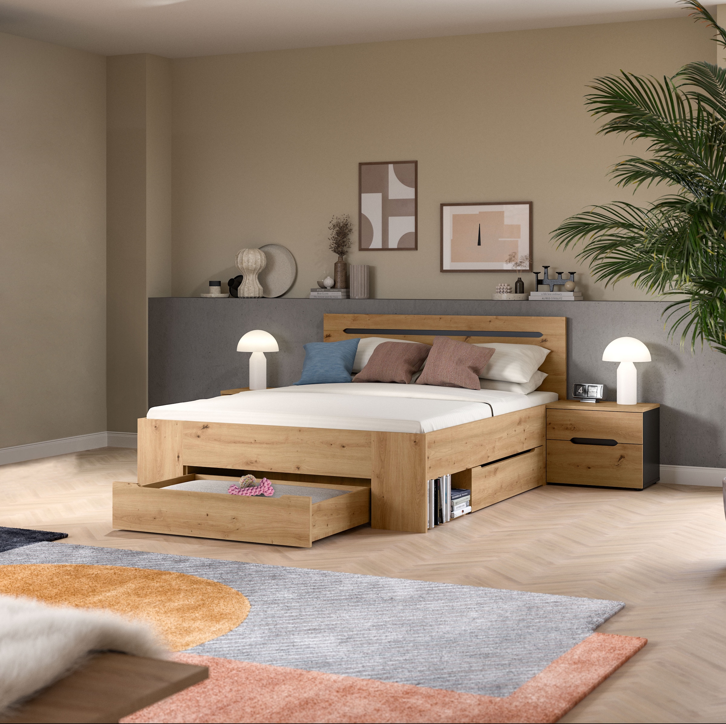 Home affaire Ensemble de chambre à coucher »REHAT, 3-teilig, bestehend aus: Stauraumbett & 2x Nachtkommode« TOPSELLER!, für Matratzengrösse 140x200 cm, viel Stauraum, 3 cuis tlg. Rehat, Schlafzimmerset, Bett 140x200 cm, 2 Nachttische