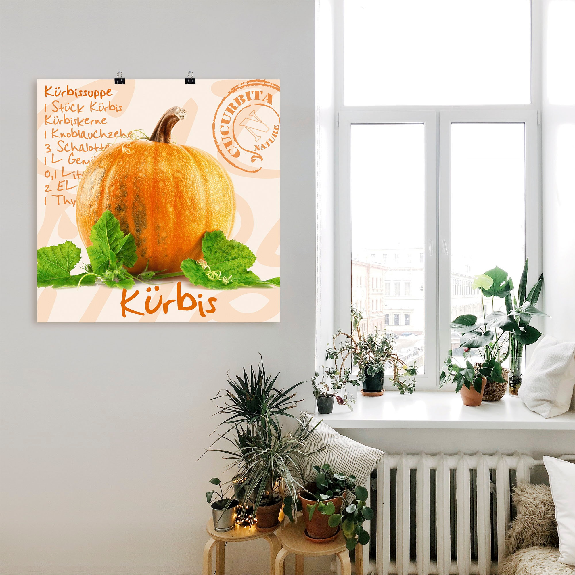 Artland Wandbild »Gelber Kürbis mit grünen Blättern« Lebensmittel 1 Stk. tlg. als Poster, Wandaufkleber in verschied. Grössen