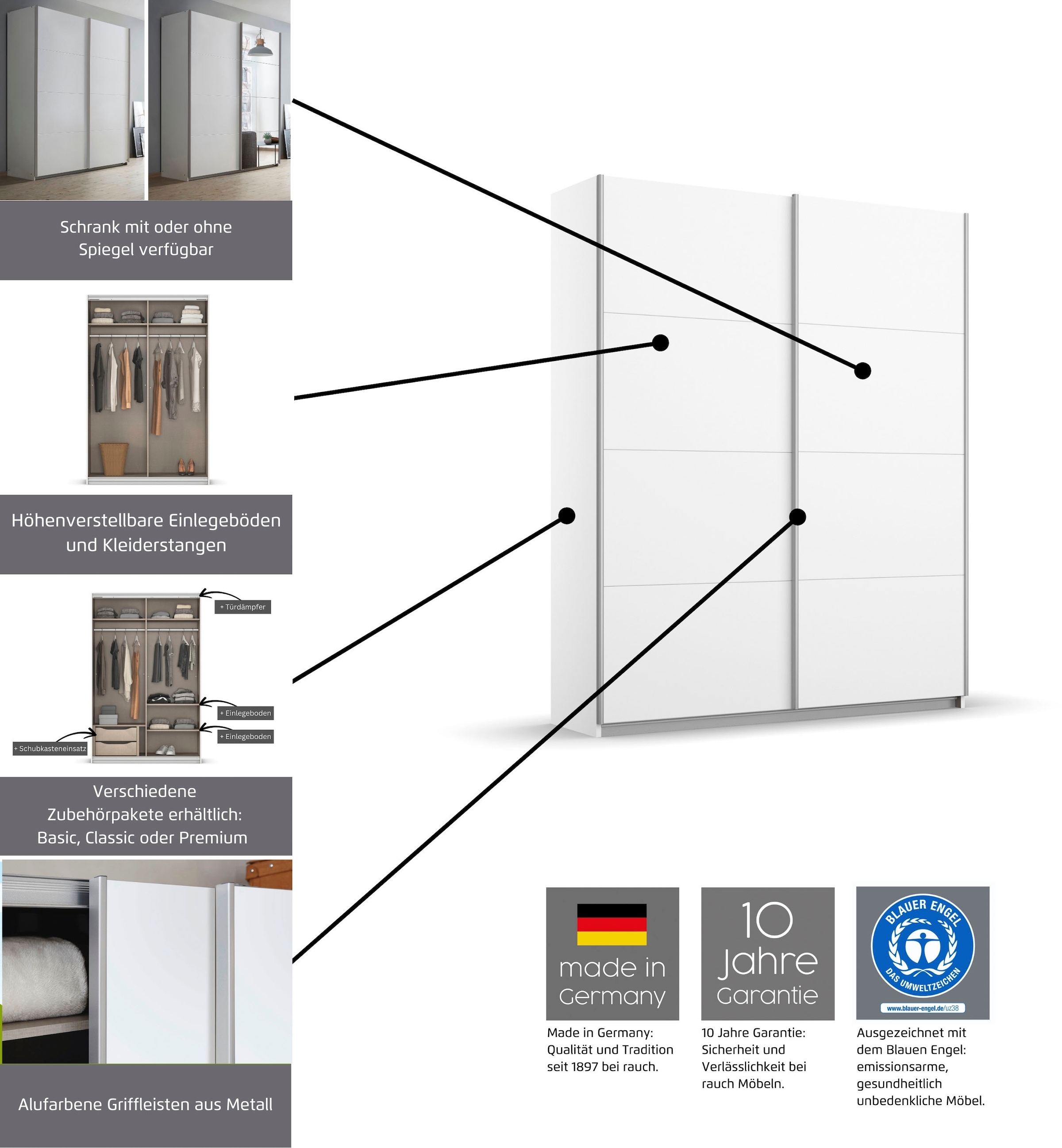 GOODproduct Schwebetürenschrank »Kleiderschrank Schrank Garderobe Schlafzimmerschrank THANOS« 3 verschiedene Ausstattungen BASIC/CLASSIC/PREMIUM (inkl. SOFT-CLOSE),  Optional mit Spiegel, Metall-Griffleisten alufarben MADE IN GERMANY