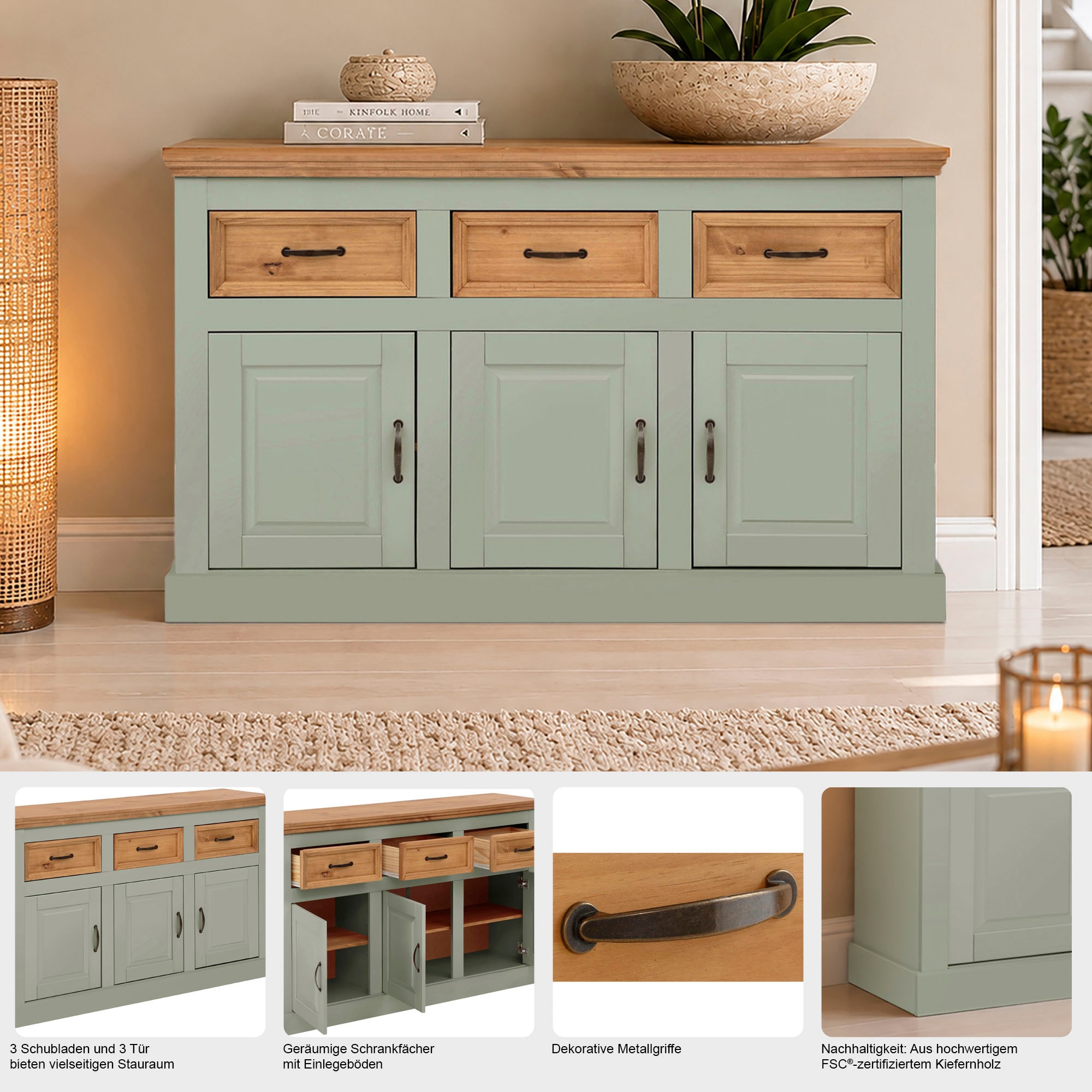 GOODproduct Buffet »Selma Kommode mit 3 Türen, 3 Schubläden und 6 Fächer, Metallgriffe« commode en pin massif, largeur 145 cm