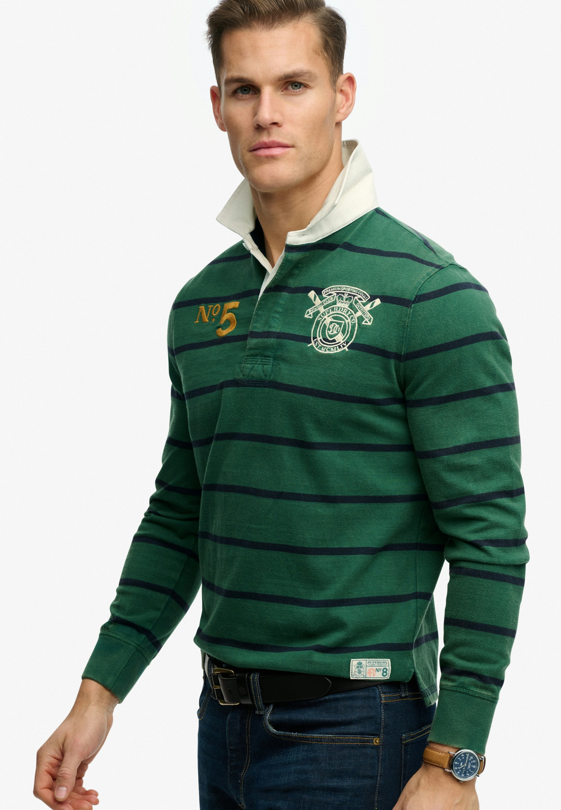 Superdry T-shirt à manches longues »DOUBLE EMBLEM STRIPE RUGBY« en coton et jersey simple, coupe décontractée, aspect rayé