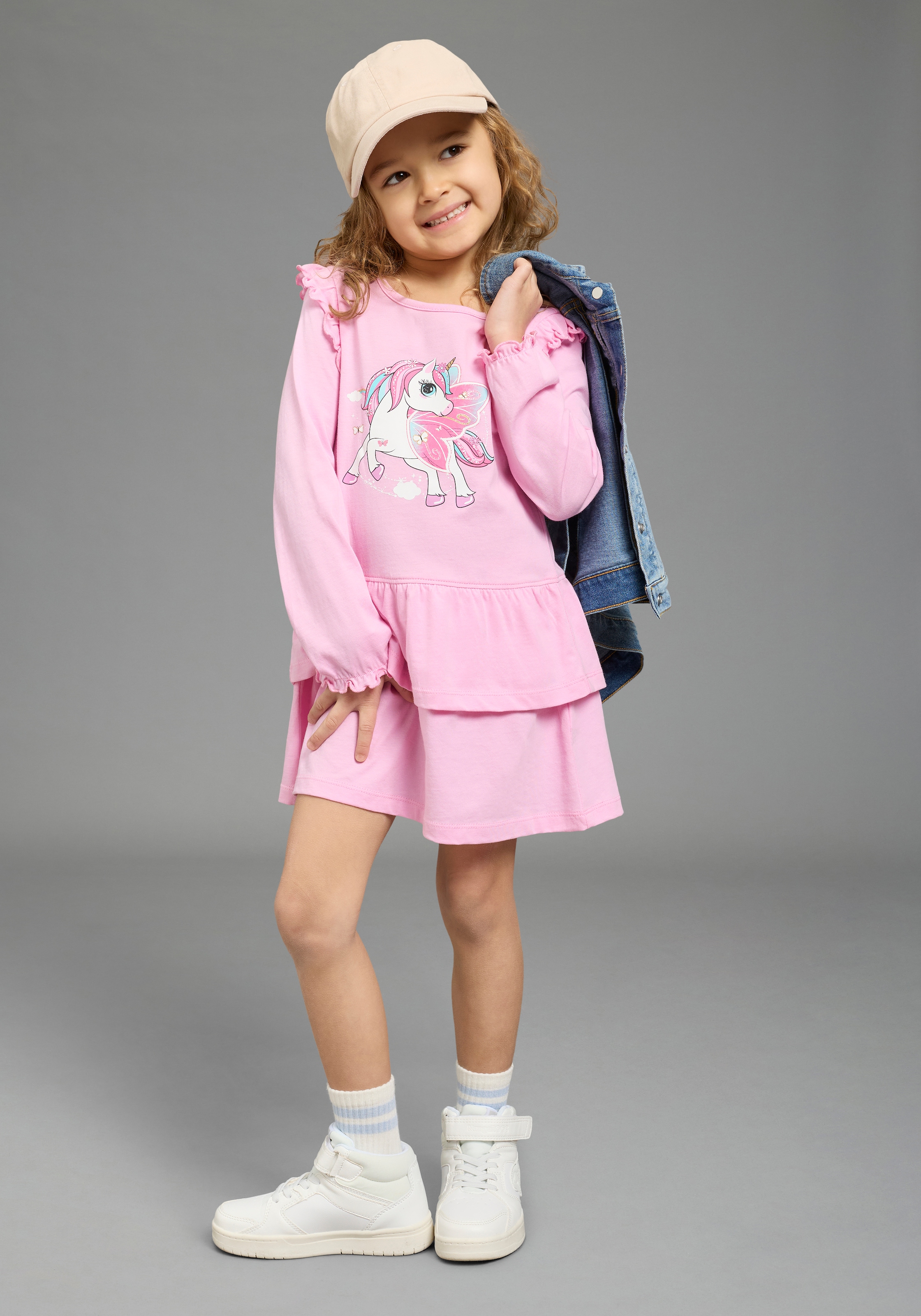 KIDSWORLD Robe en jersey »Süsses Shirtkleide mit Einhorn-Druck« pour filles, en single jersey de coton